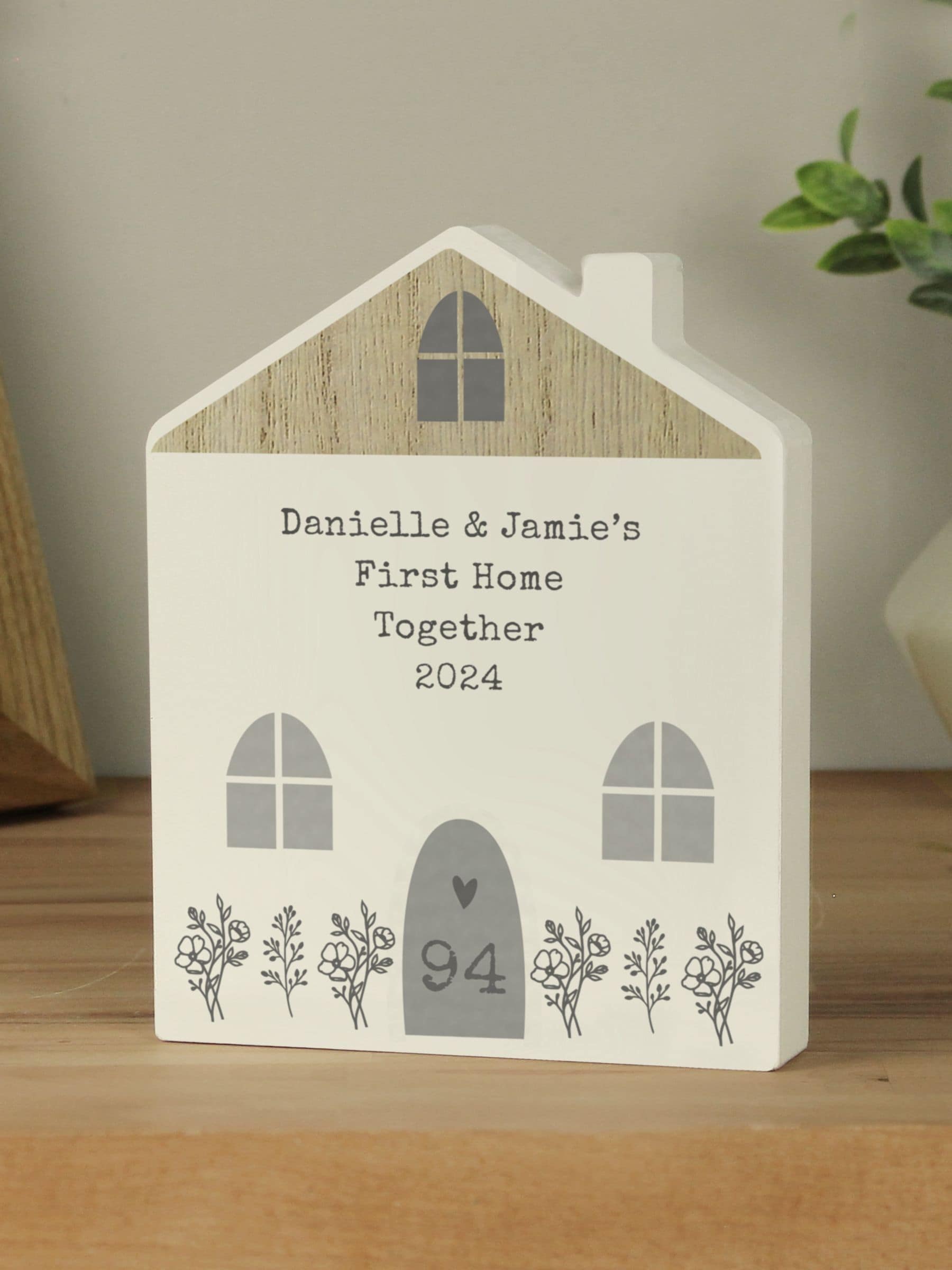 PMC personalised grey wooden house ornament 17.5cm tall, imported from the UK