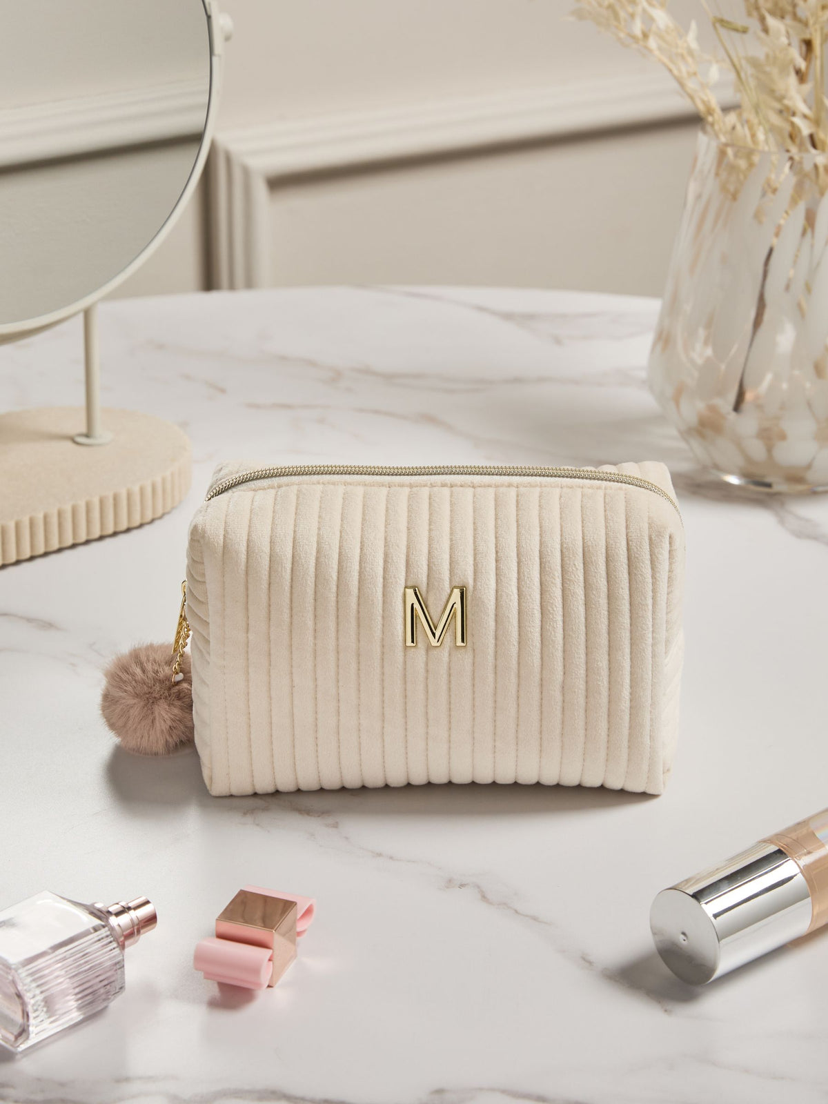 Personalised alphabet makeup bag in ribbed velvet, imported from the UK