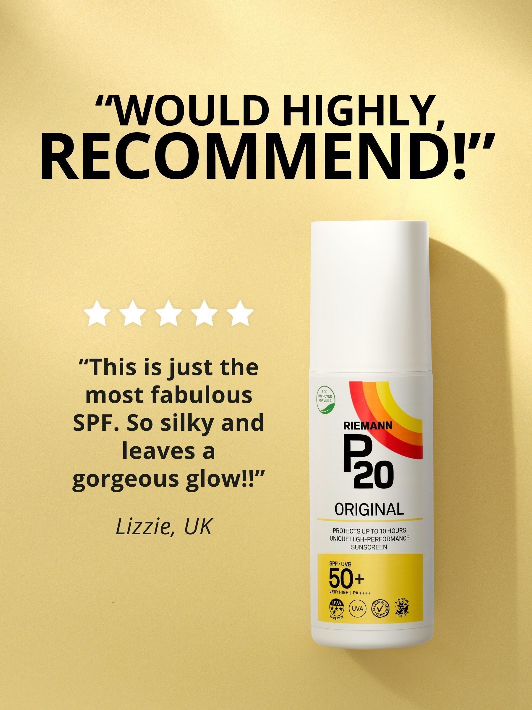 P20 Original SPF 50+ Oil Spray Suncream 100ml, imported from the UK