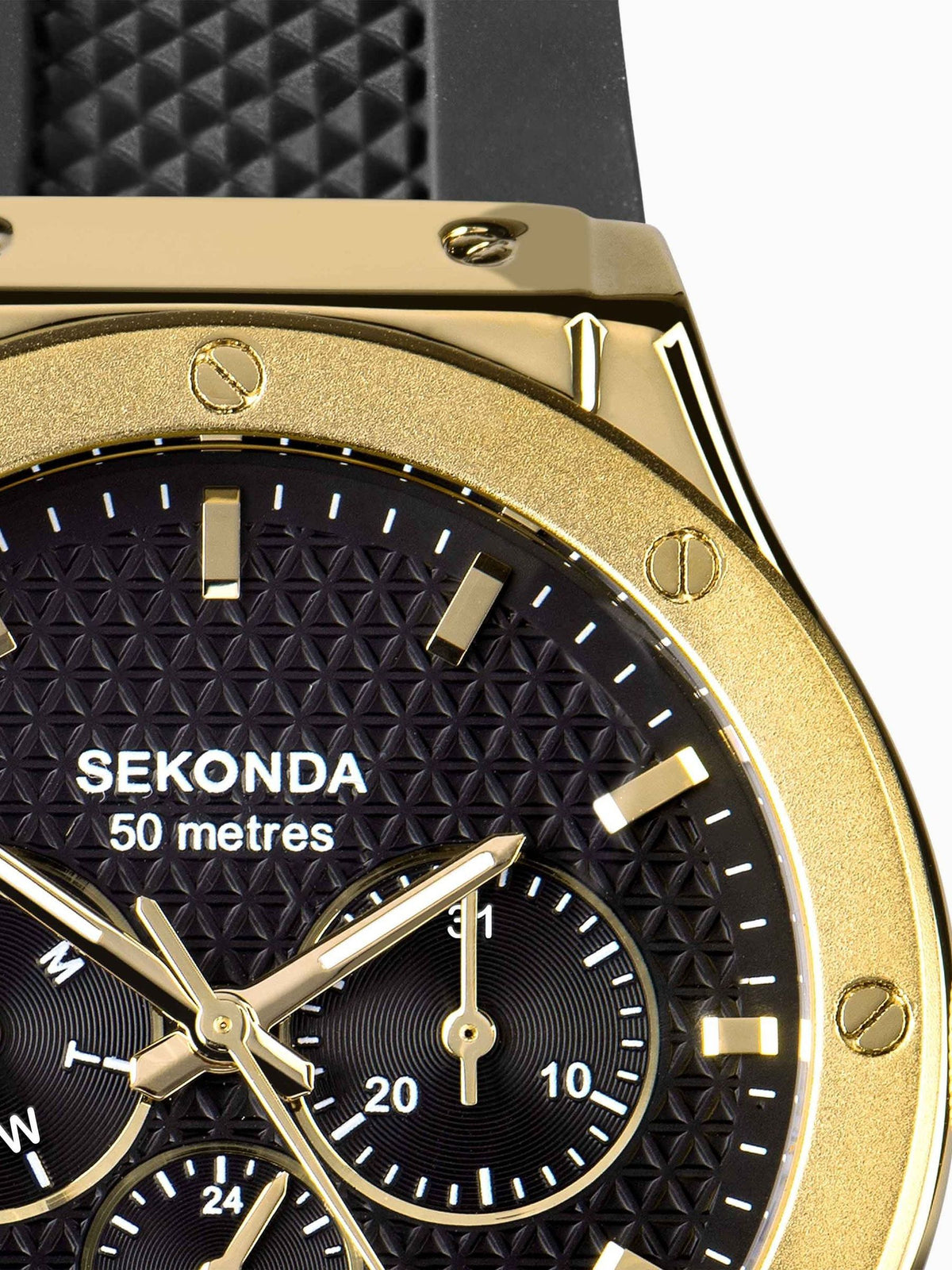 42mm Gold-Plated Sports Watch with Silicone Strap and 50m Water Resistance
