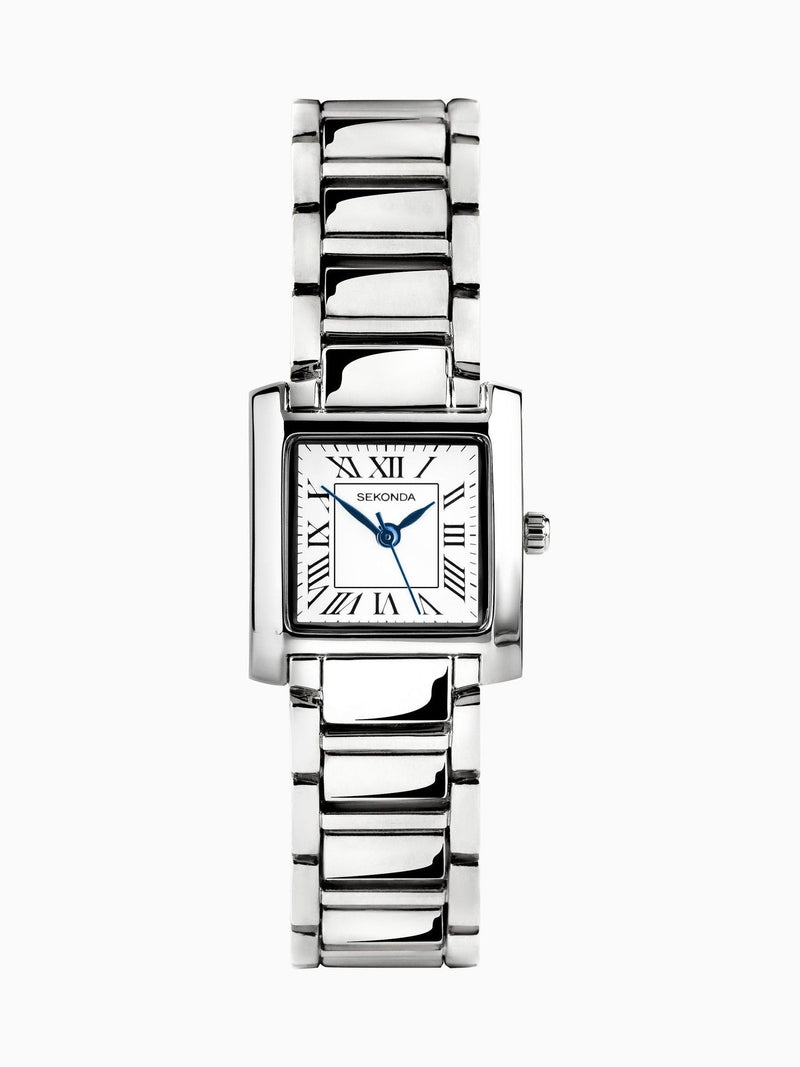 Analogue Watch with White Dial and Roman Numerals, Gold-Plated Alloy Bracelet, Rectangular Case, 21mm