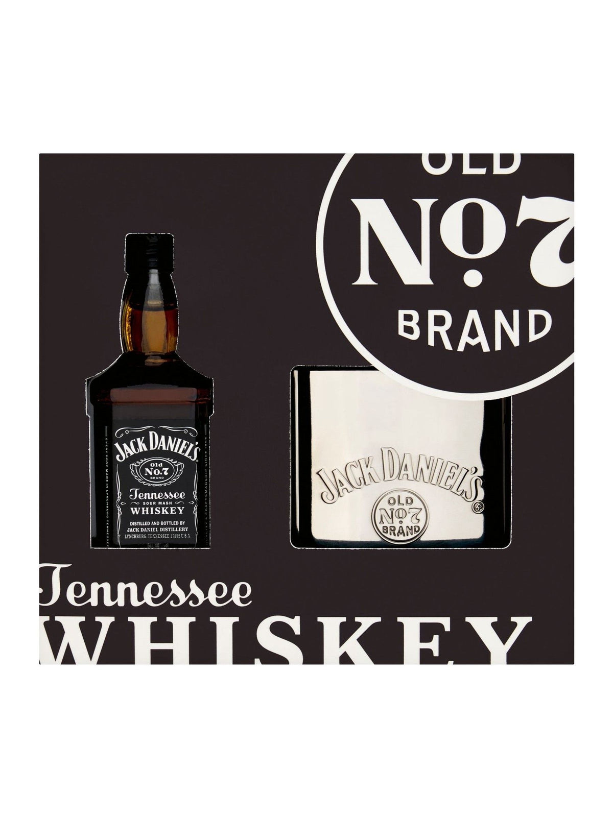 Jack Daniels engraved hip flask with Old No.7 whiskey 5cl, UK version