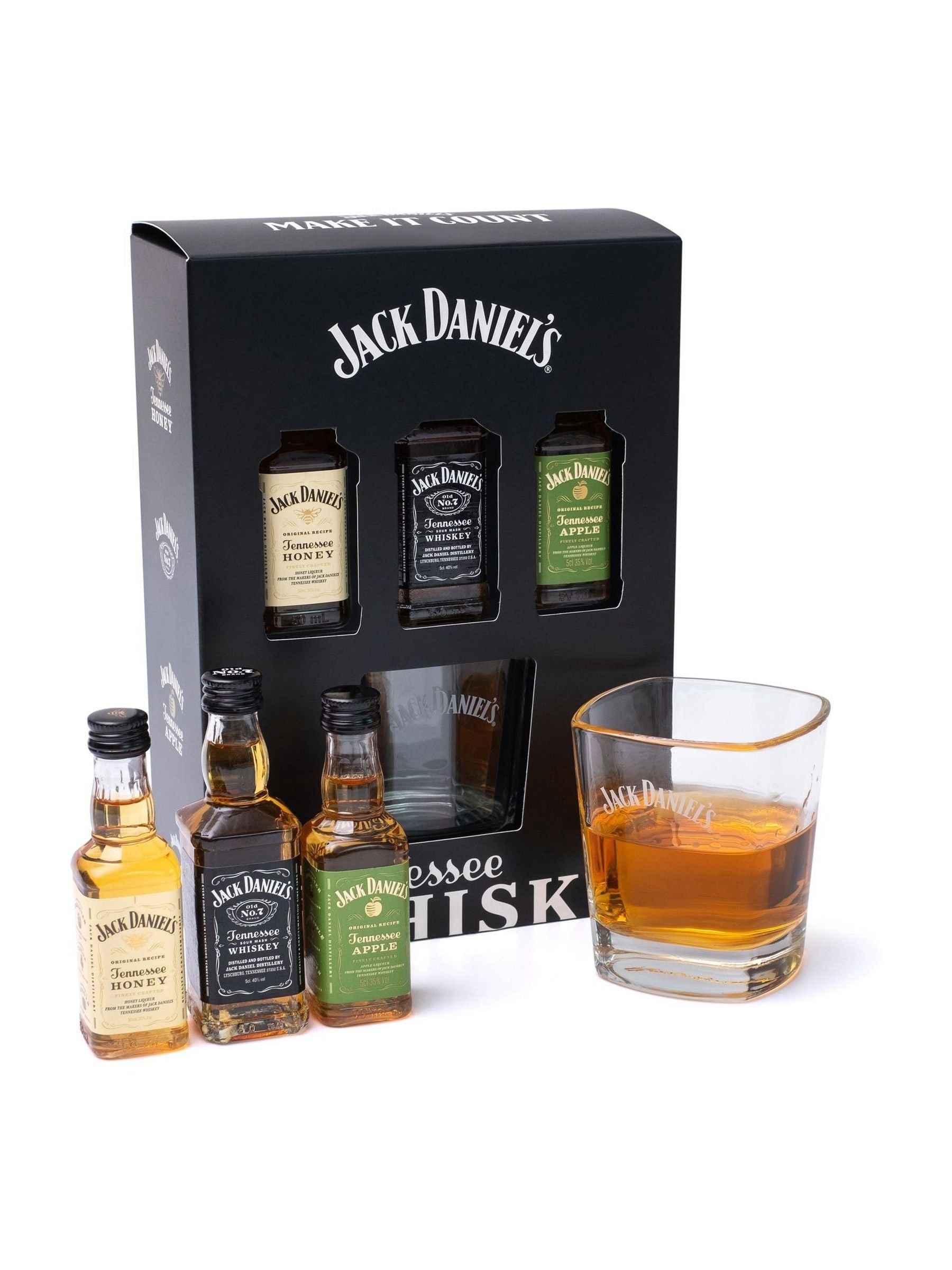 Jack Daniels Trio Selection miniature whisky gift set with glass, UK version