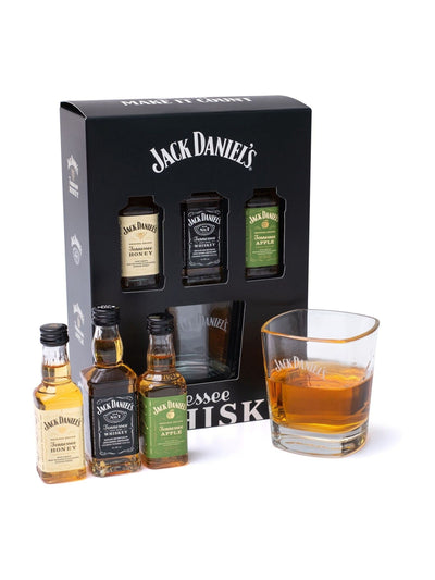 Jack Daniels Trio Selection Honey Apple Old No7 Miniature Whisky Gift Set with Glass