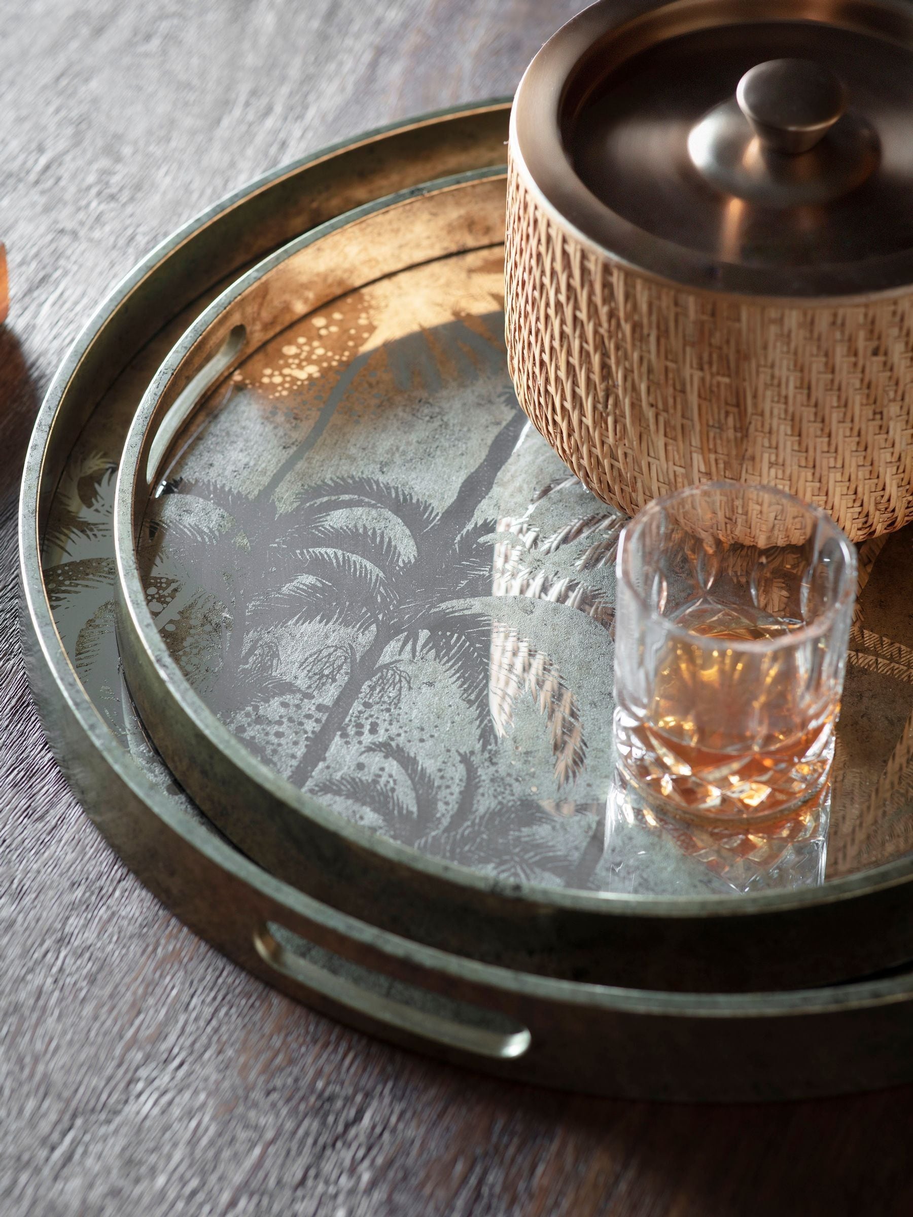 Libra Interiors antique gold palm tree trays set of 2, UK version