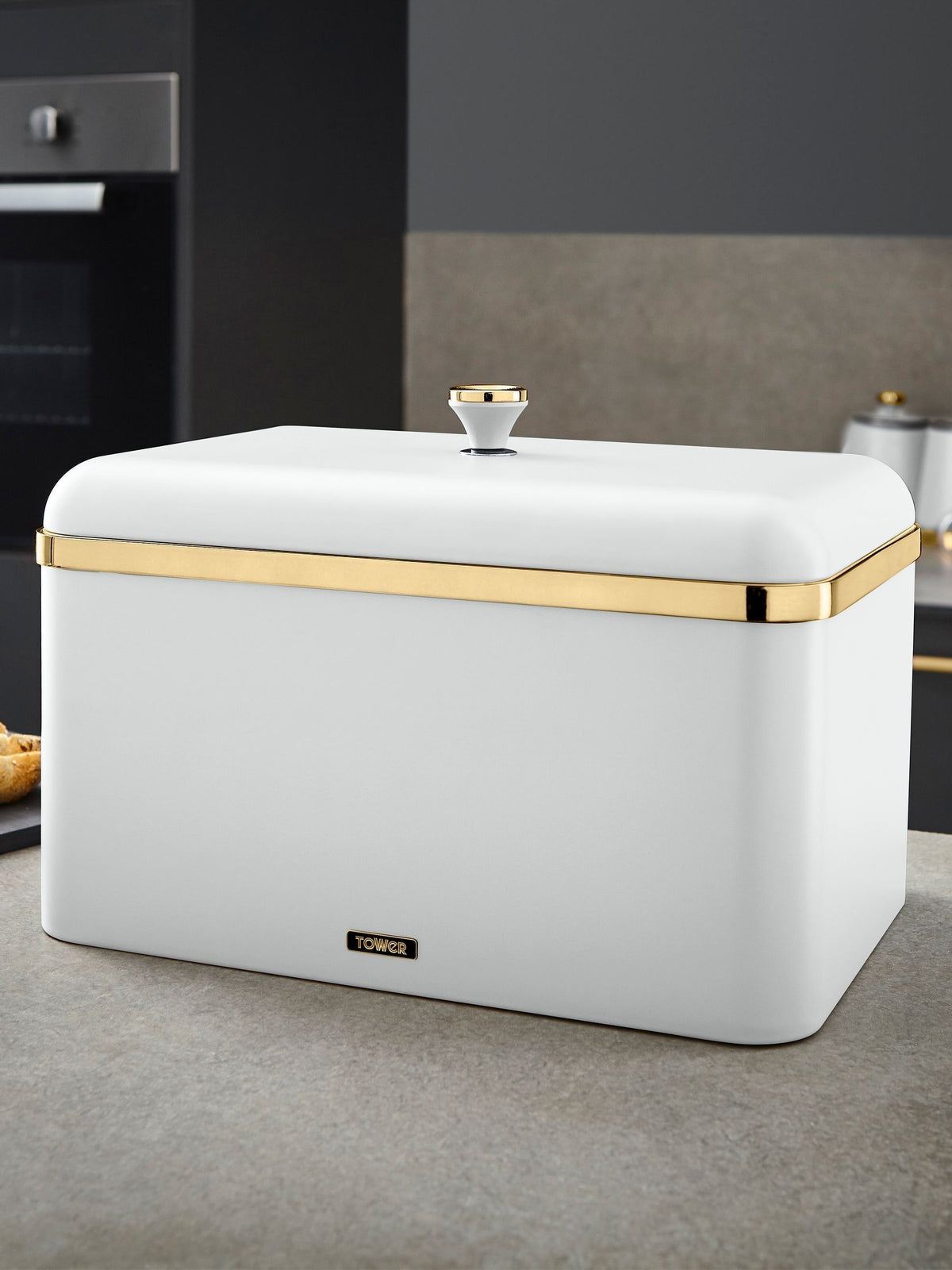 Contemporary Steel Bread Bin with Gold Accents, 35x23x24cm