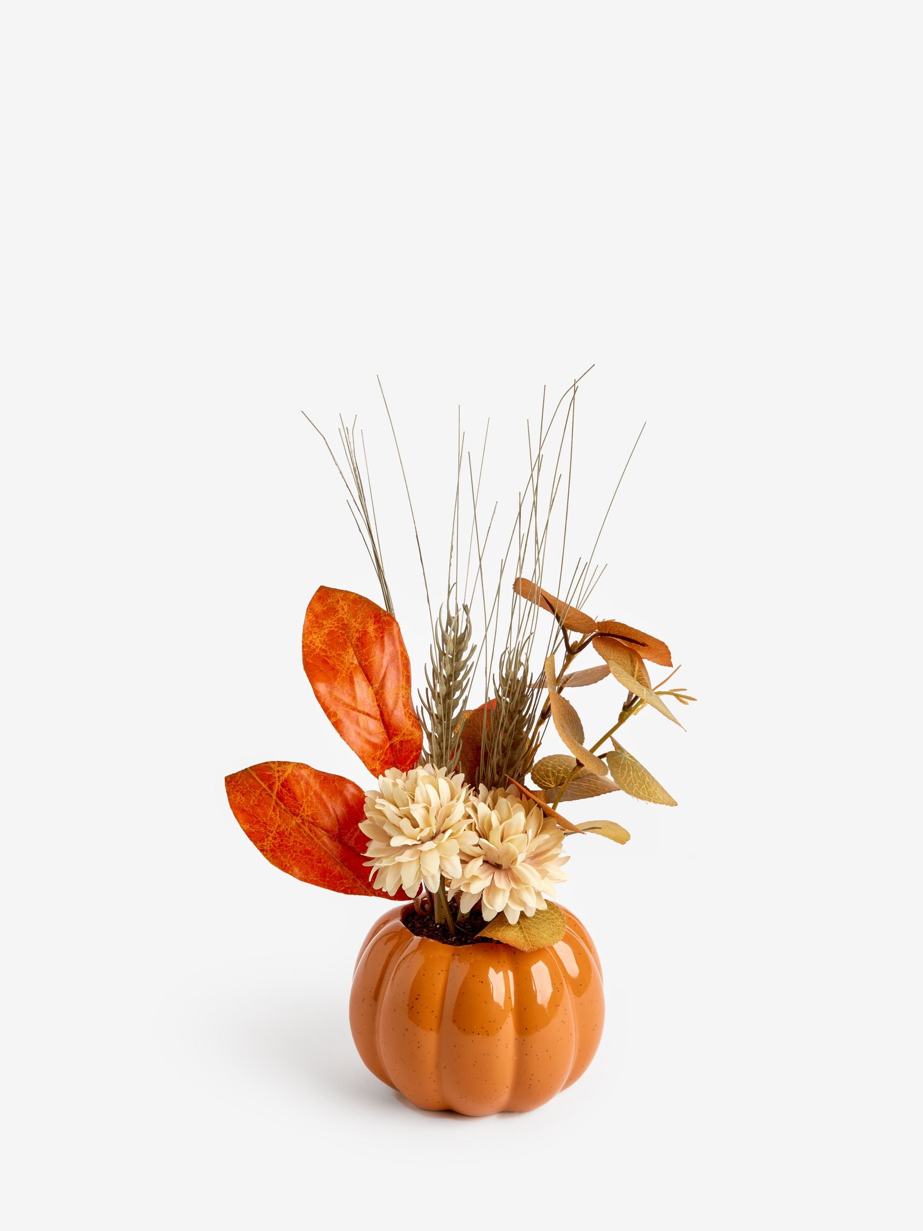 Orange artificial flowers in ceramic pumpkin pot 28cm, imported from the UK