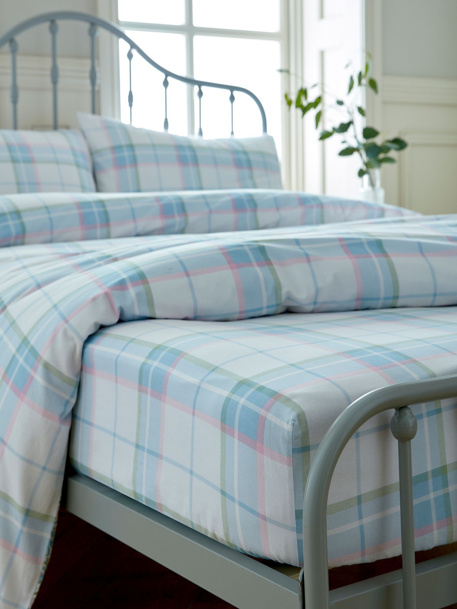 Laura Ashley Blue Powder 100% Cotton Highland Check Sherston Fitted Sheet