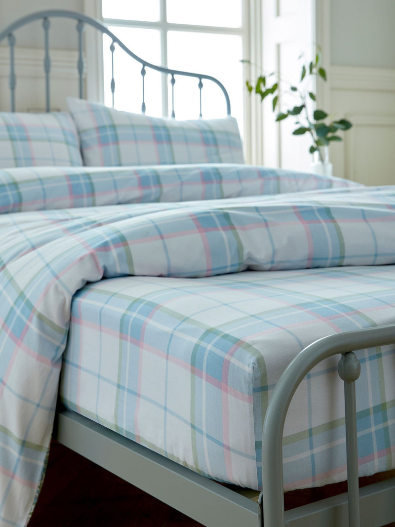 Laura Ashley Blue Powder 100% Cotton Highland Check Sherston Fitted Sheet