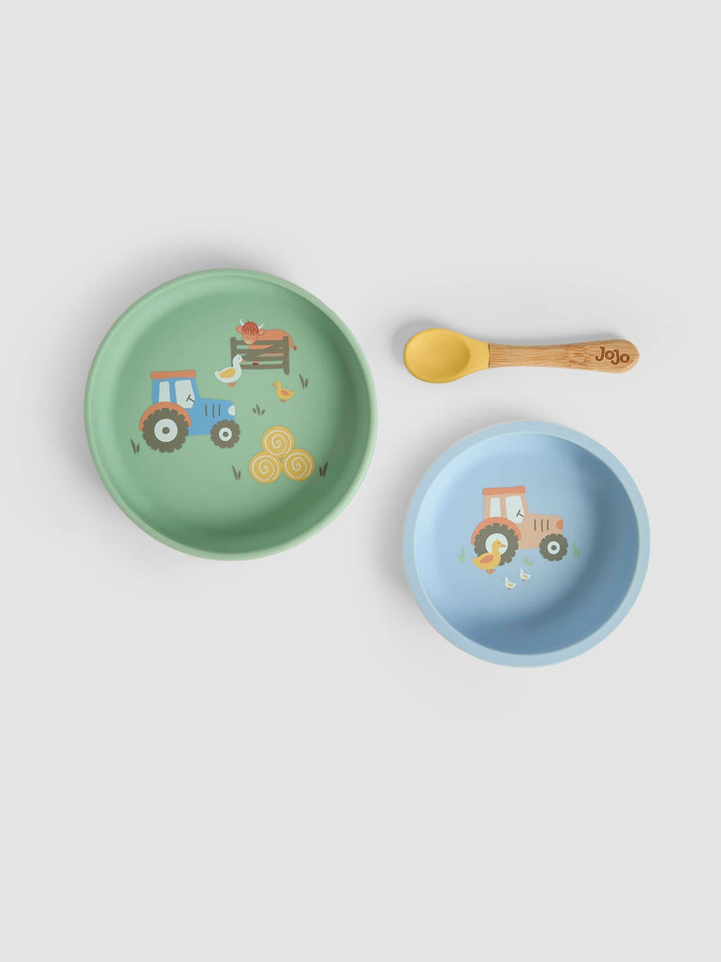 JoJo Maman Bébé silicone mealtime set tractor print, UK version