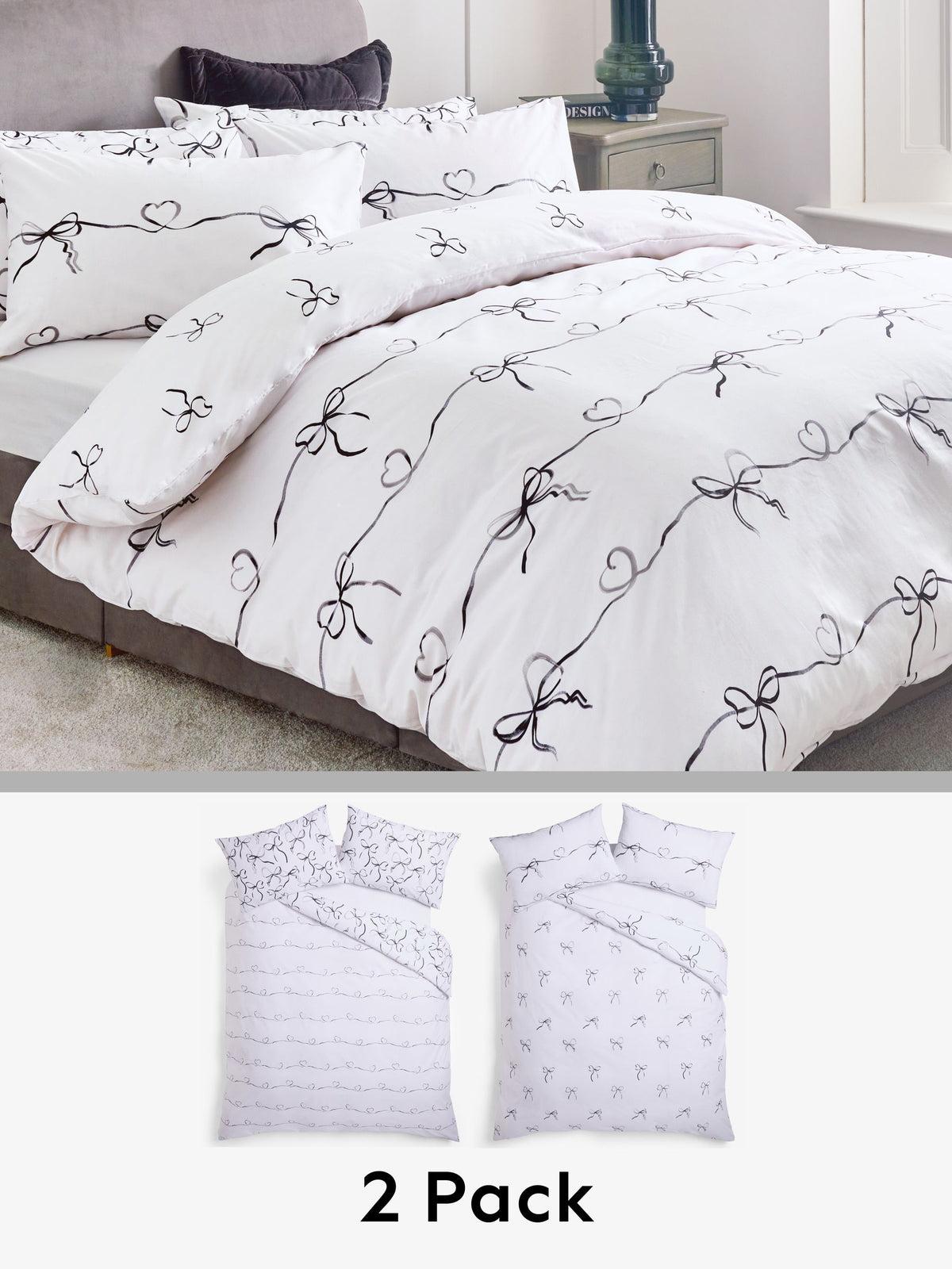 Black/white bow heart reversible duvet cover set - British product