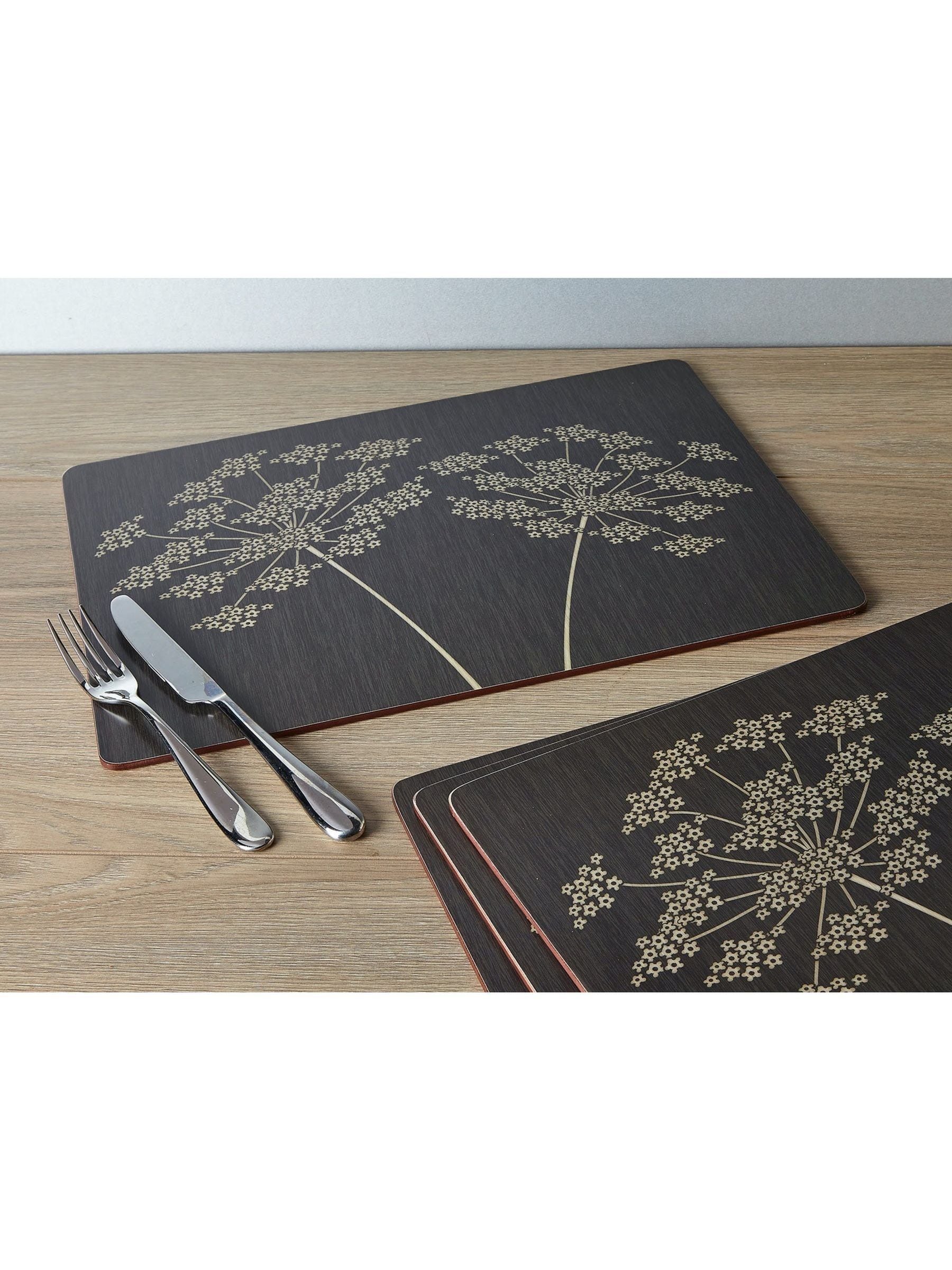 Black large cork backed placemats set with floral art - British product