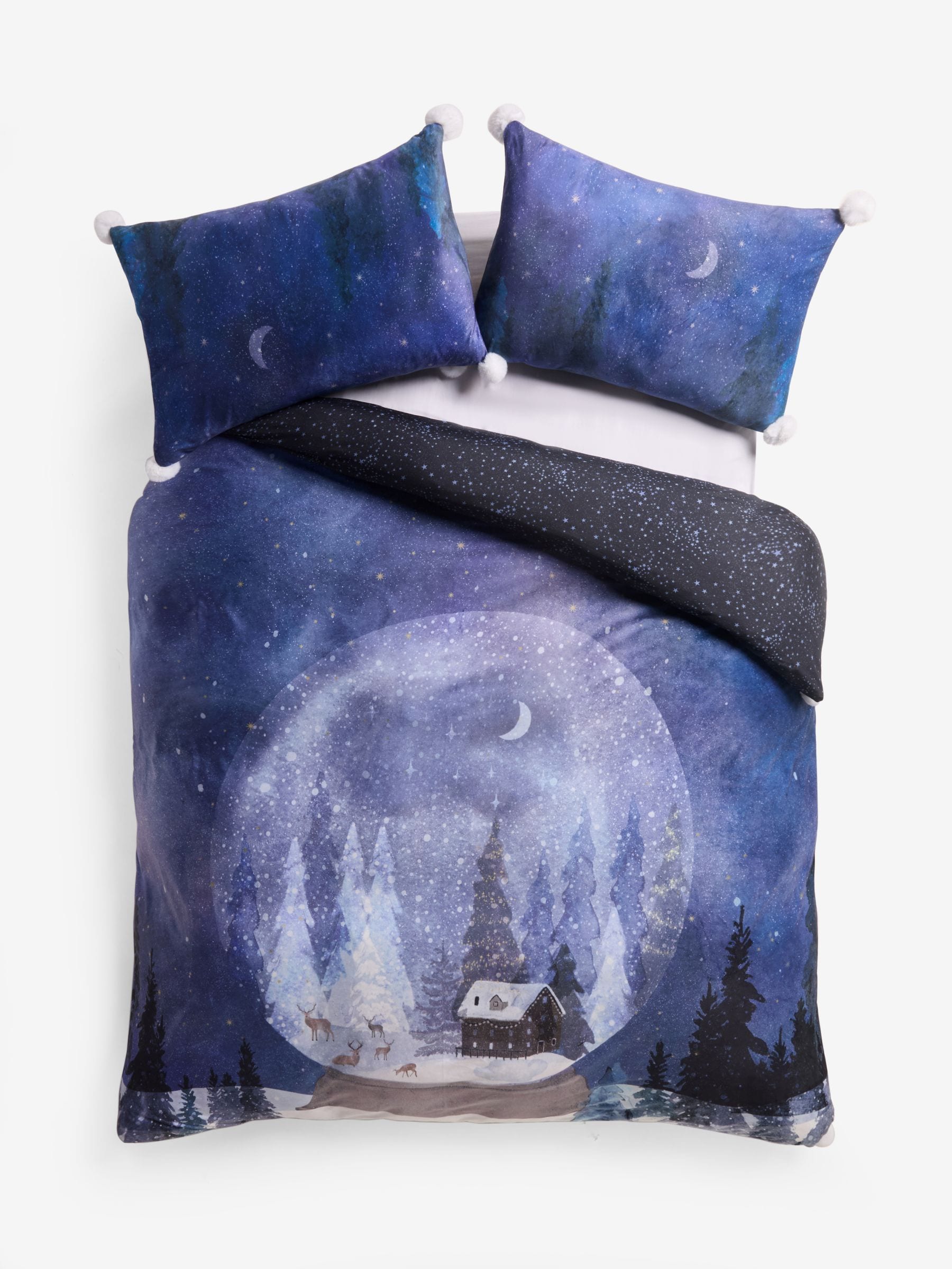 Blue snowglobe Christmas velvet duvet cover and pillowcase set - British product