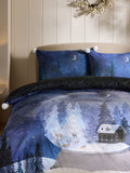 Blue snowglobe Christmas velvet duvet cover and pillowcase set - British product