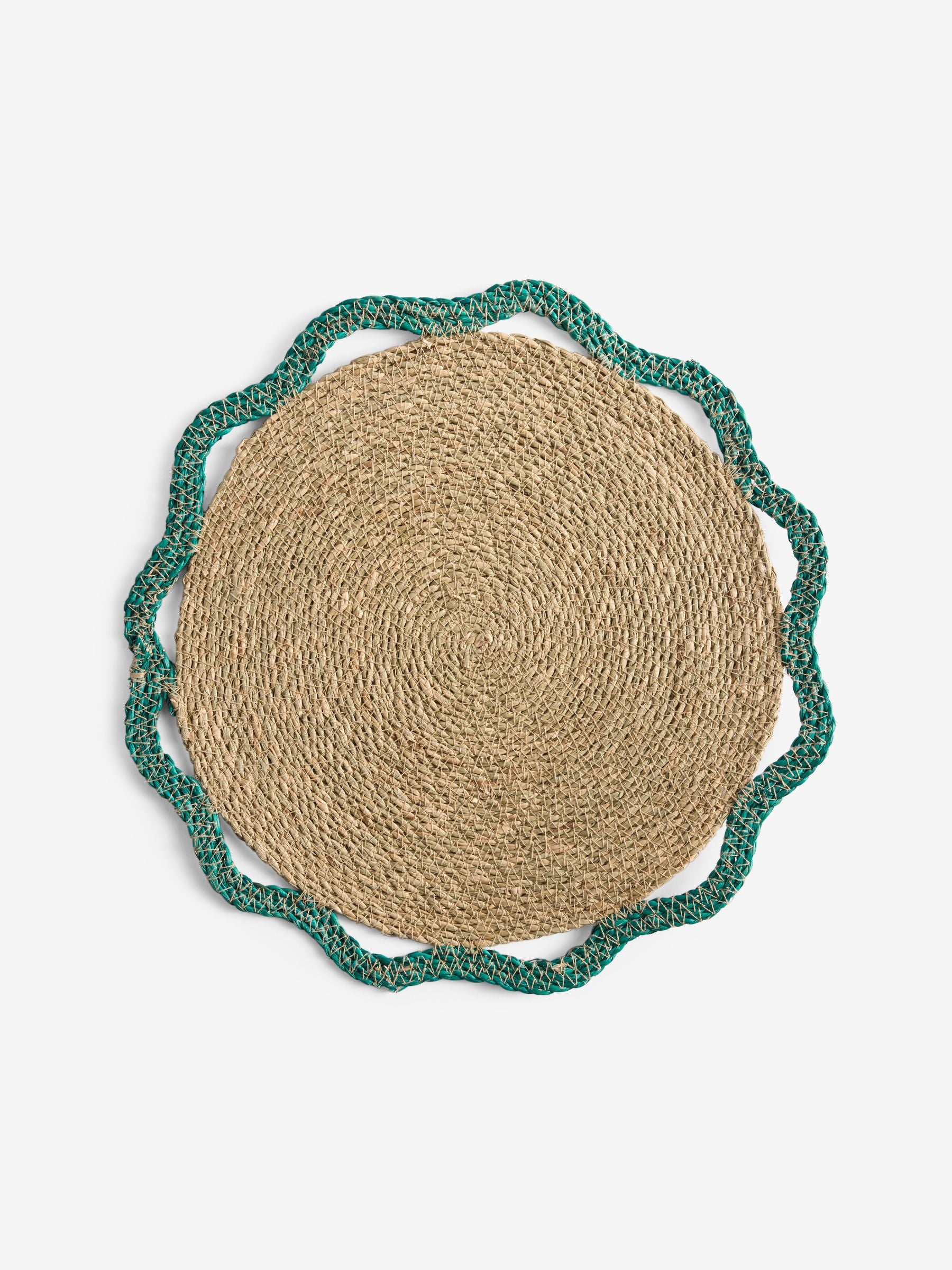 Nina Campbell teal blue woven seagrass placemats set of 2 38cm diameter, imported from the UK
