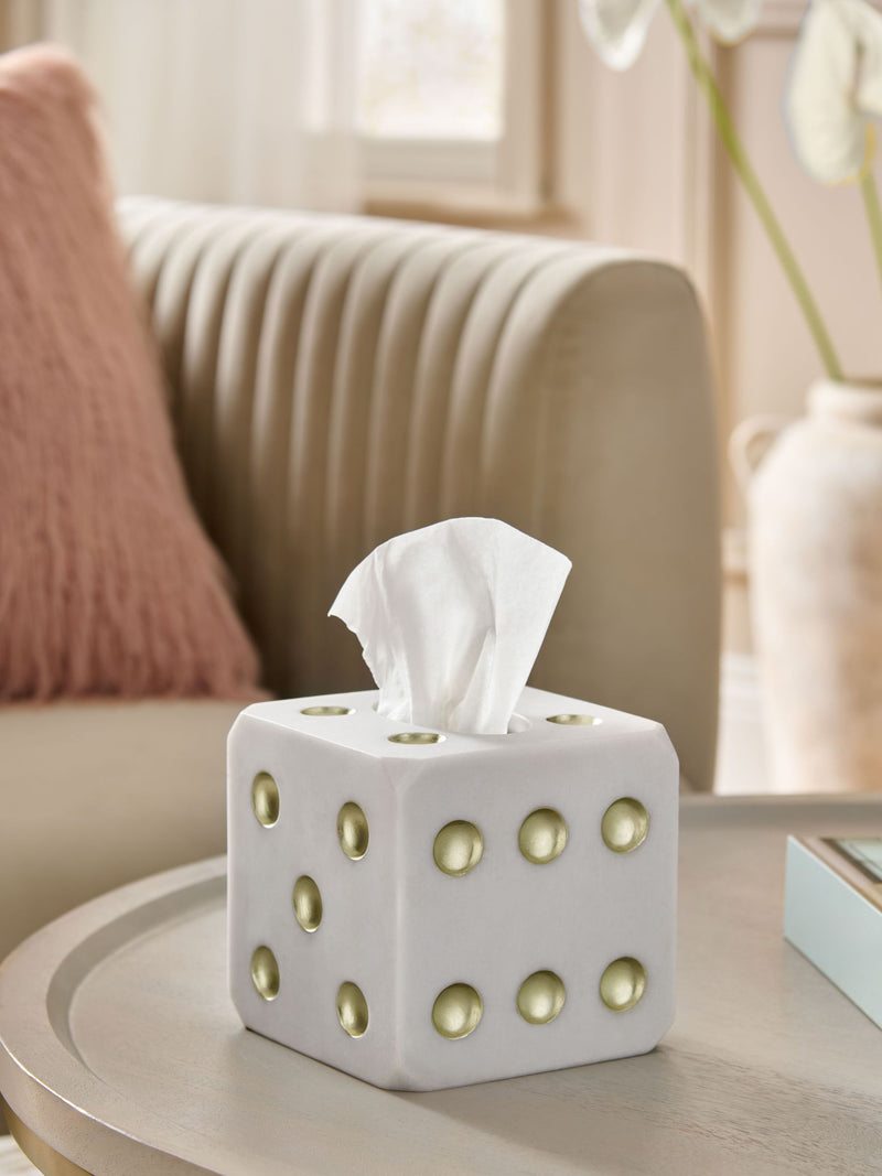White gold dice tissue box 13.5cm cube (British brand)