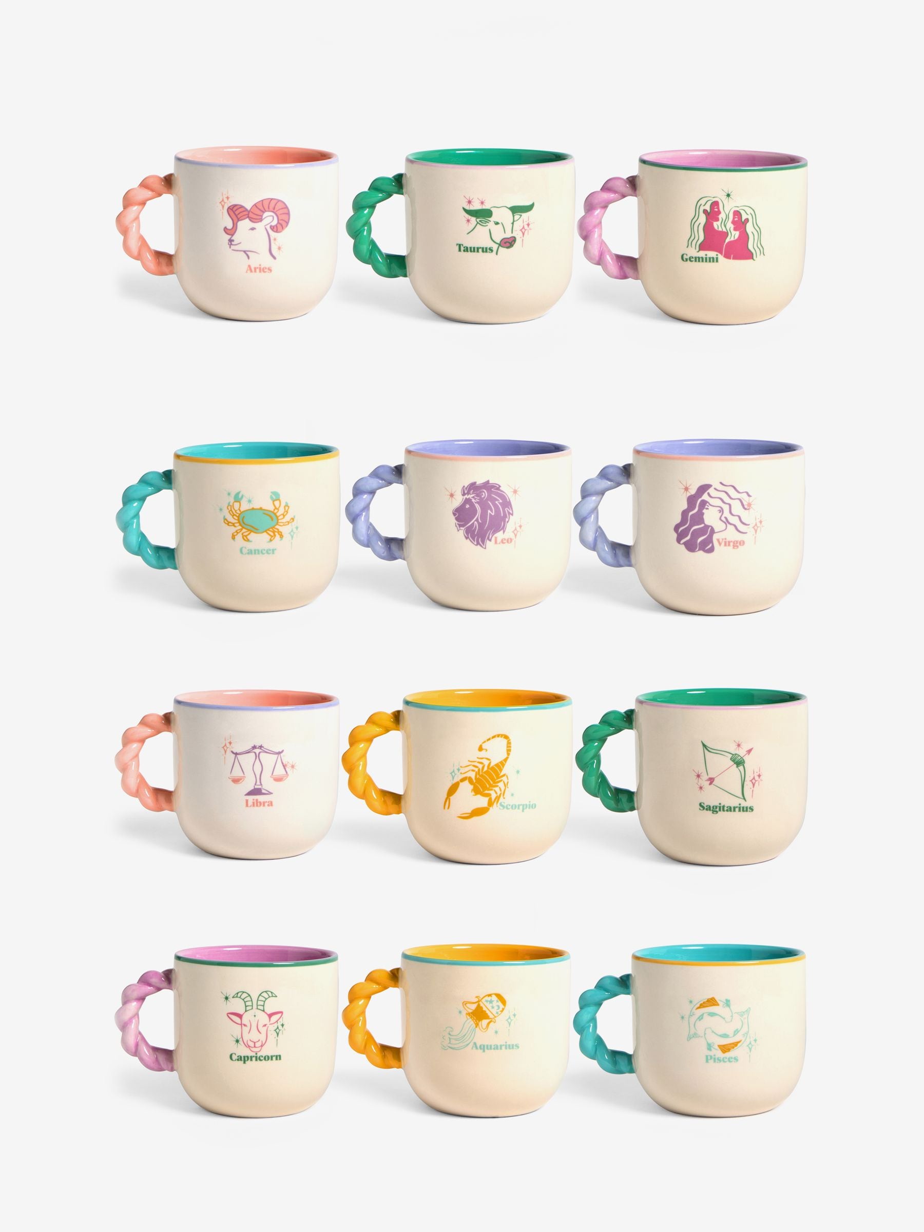 Horoscope mug with twisted handles and slogans, imported from the UK