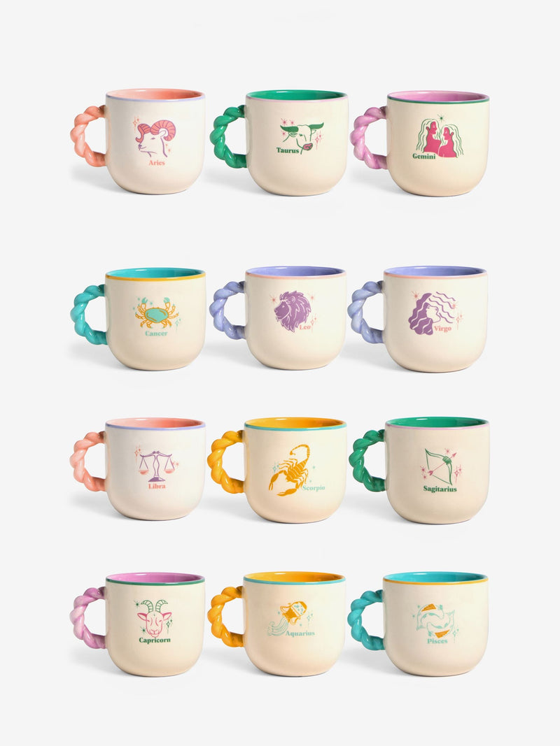 Horoscope mug with twisted handles and slogans, imported from the UK