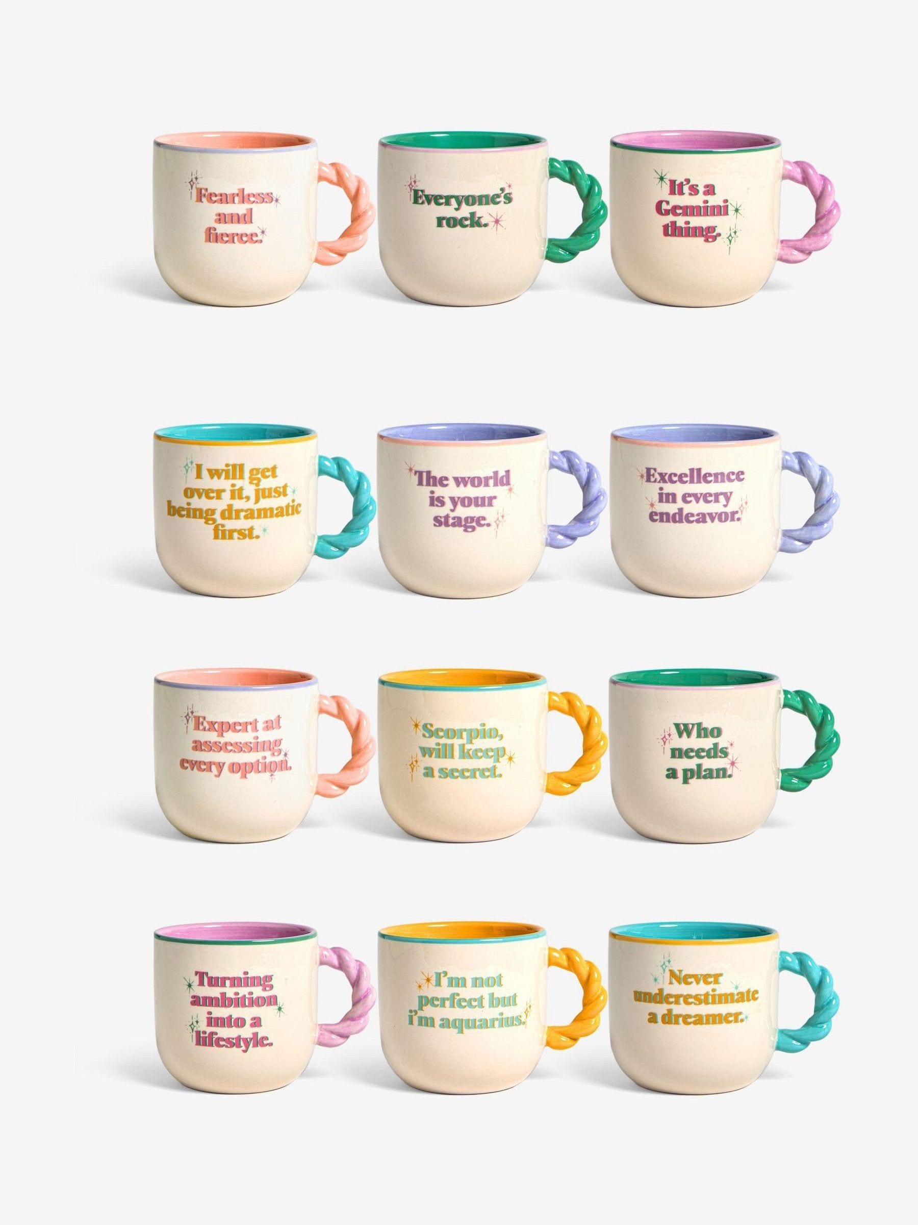 Horoscope mug with twisted handles and slogans, imported from the UK