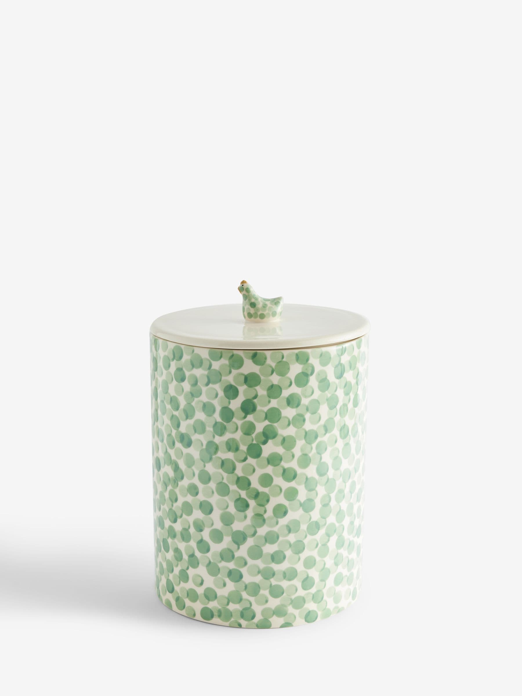 Sage green ceramic bread bin with chicken topper (British brand)
