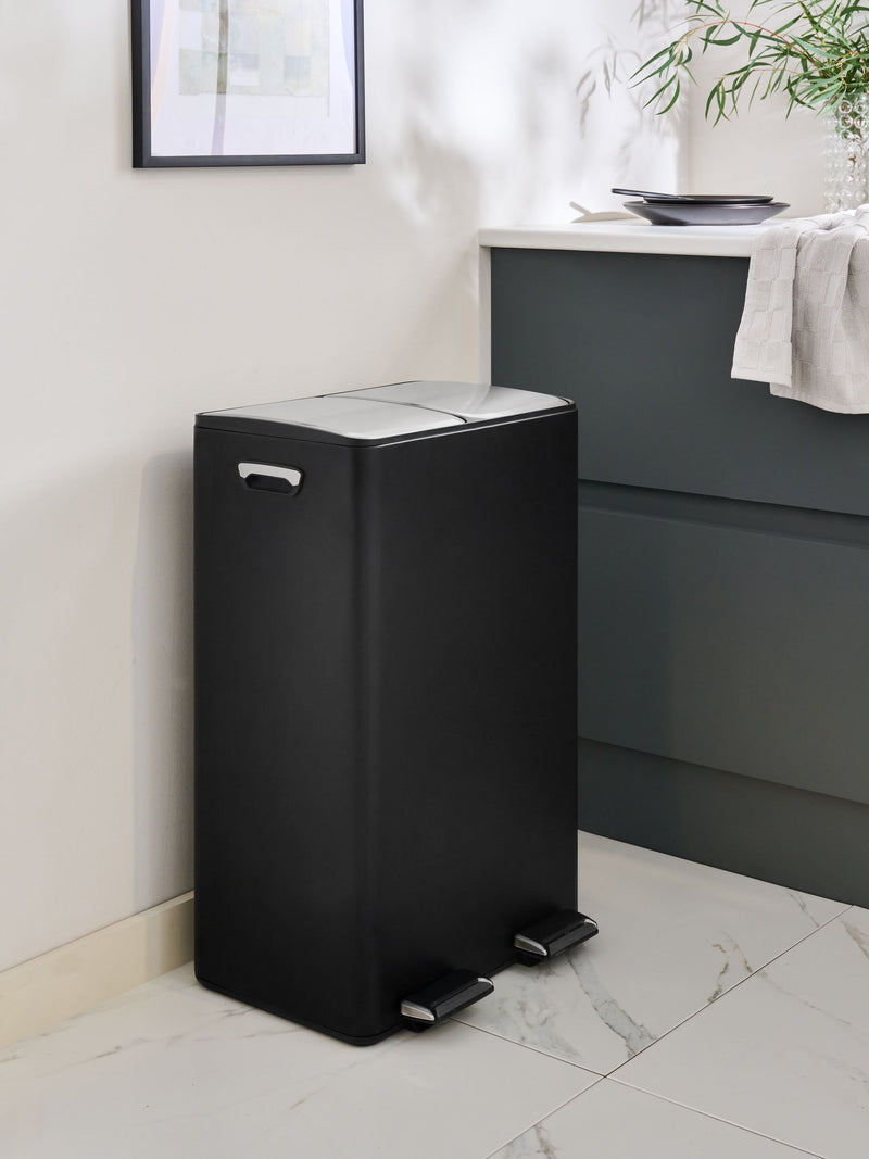 60L black 3 compartment recycling soft close pedal bin - British product