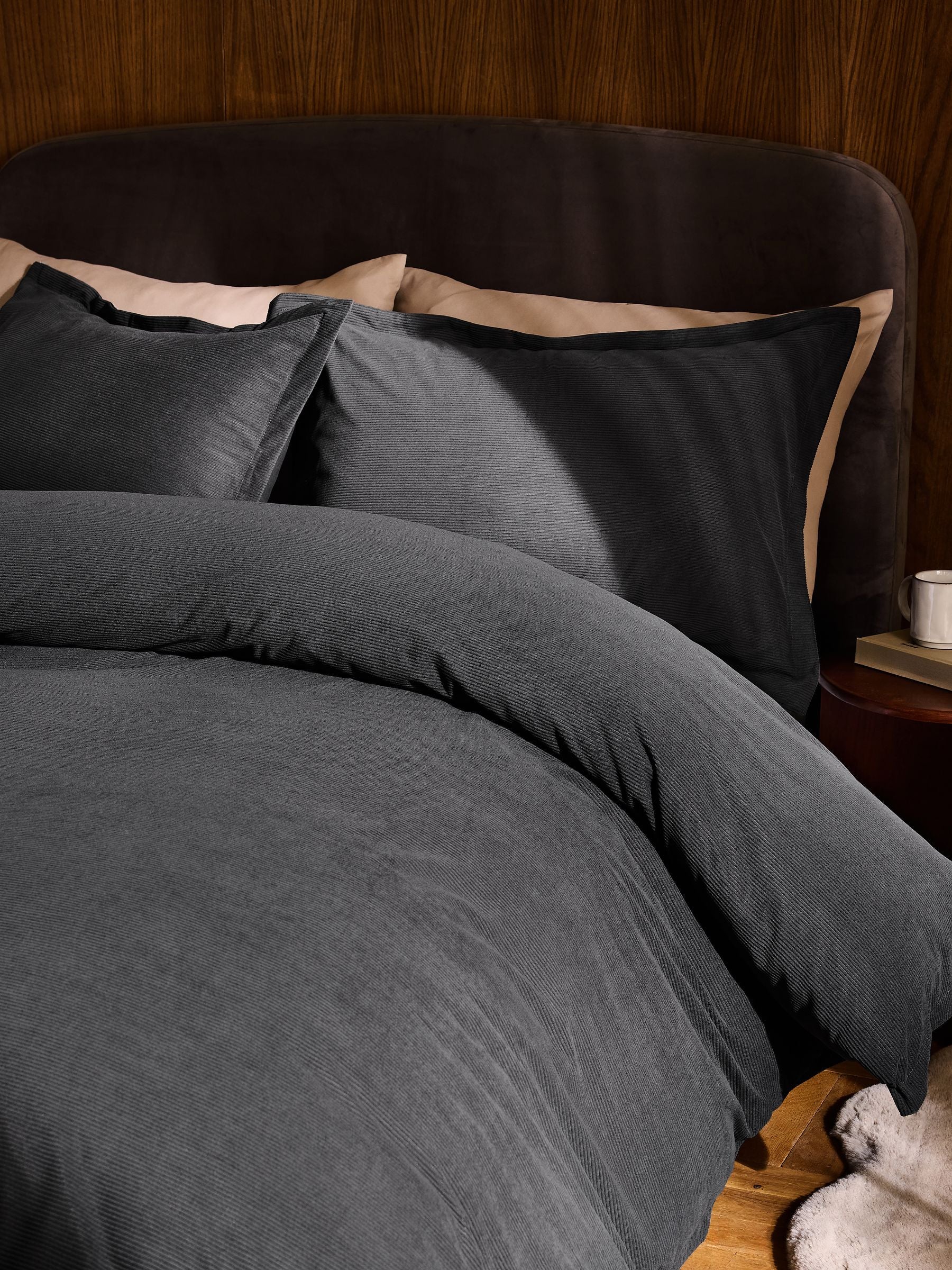 Grey charcoal corduroy duvet cover and pillowcase set, UK version