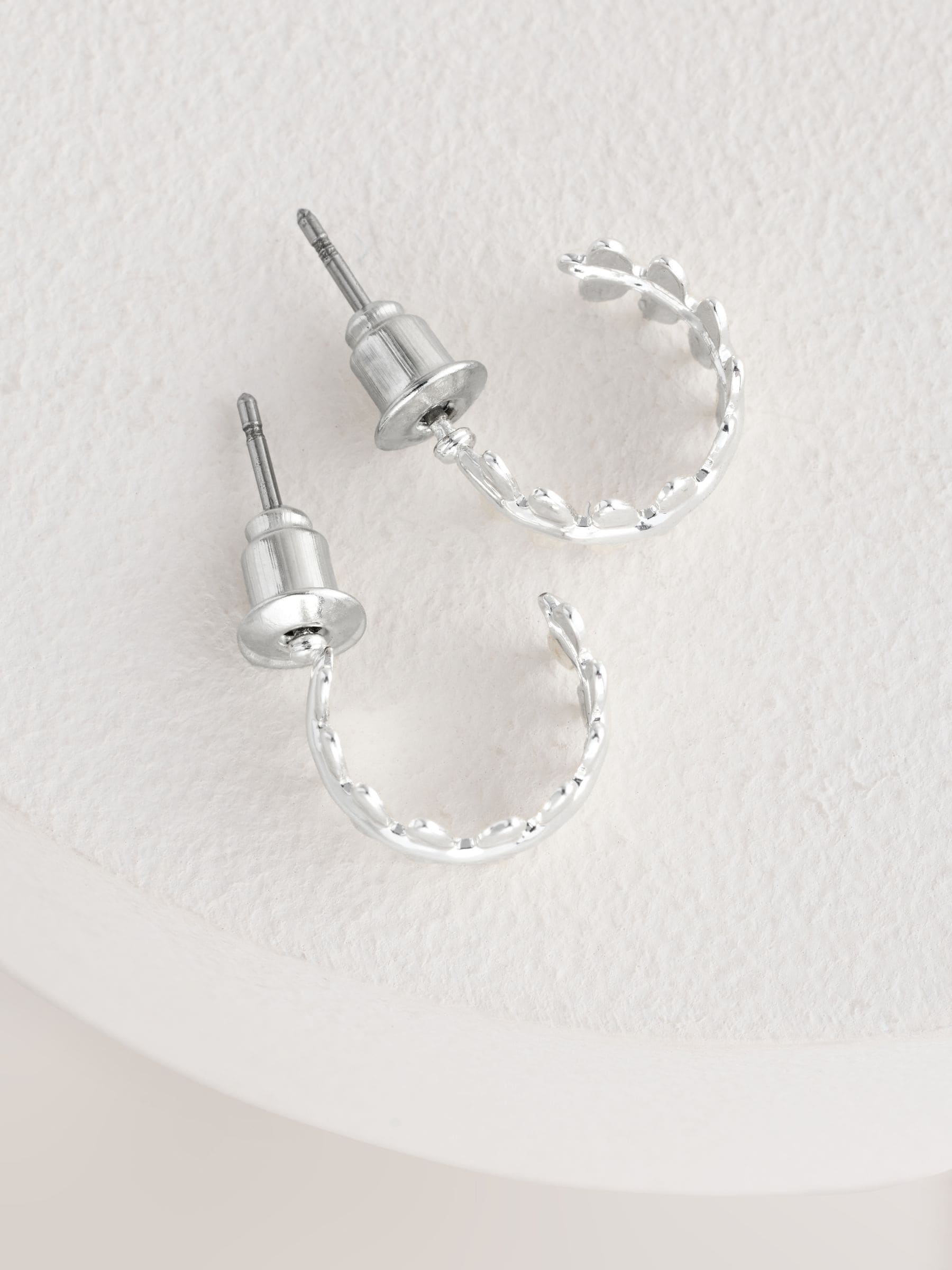 Silver tone mini leaf hoop earrings (British brand)