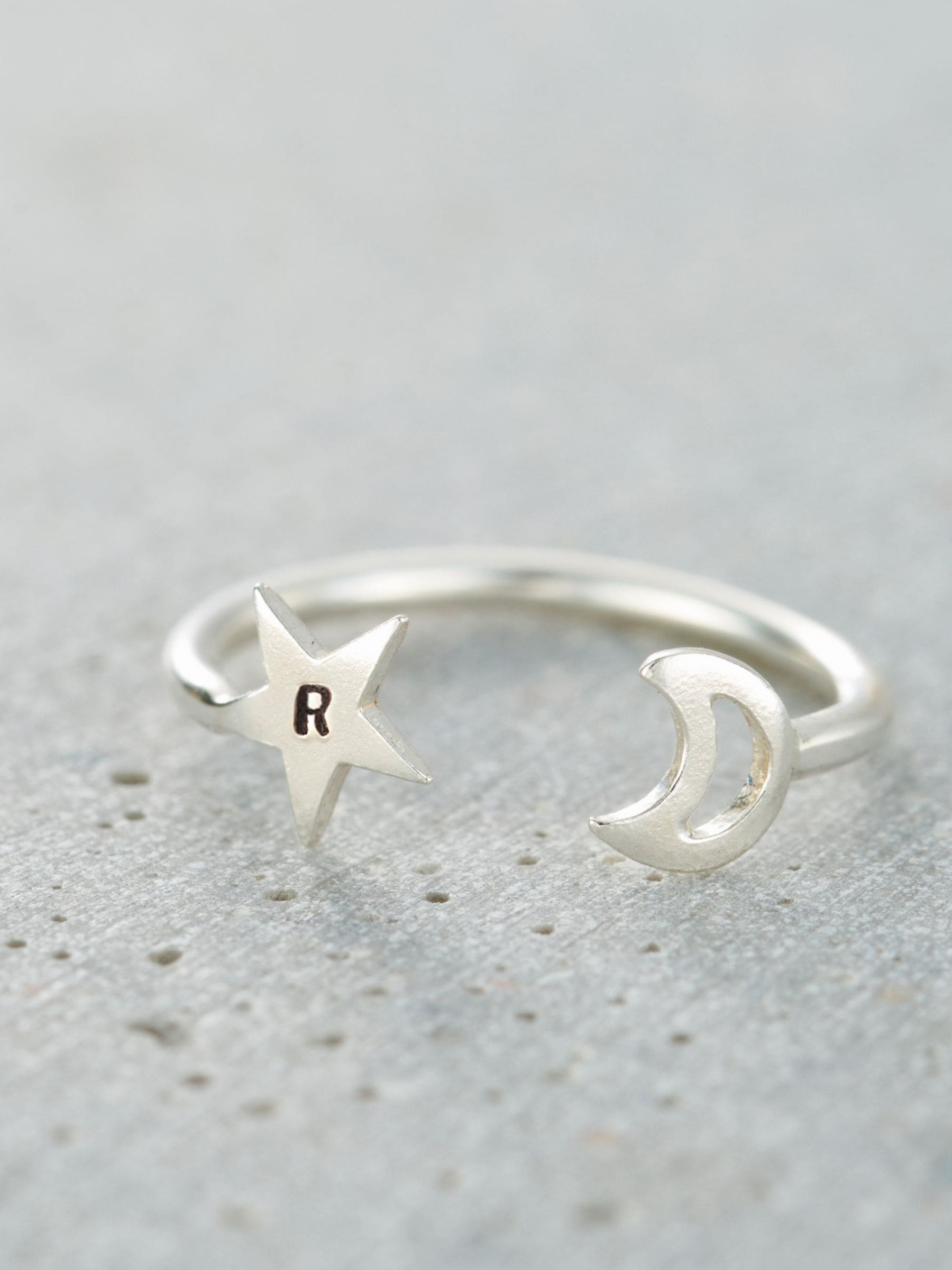 Posh Totty Designs Silver Tone Personalised Moon & Star Open Ring