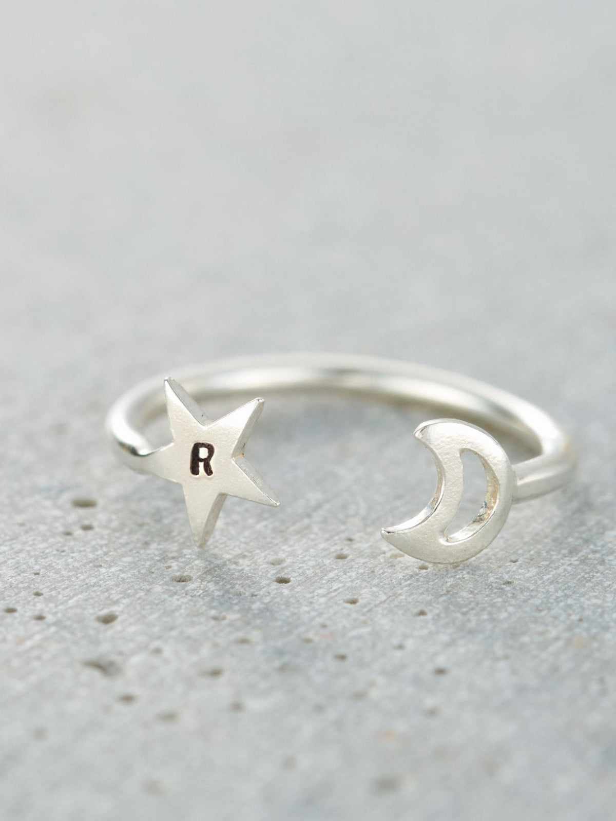 Posh Totty Designs Silver Tone Personalised Moon & Star Open Ring
