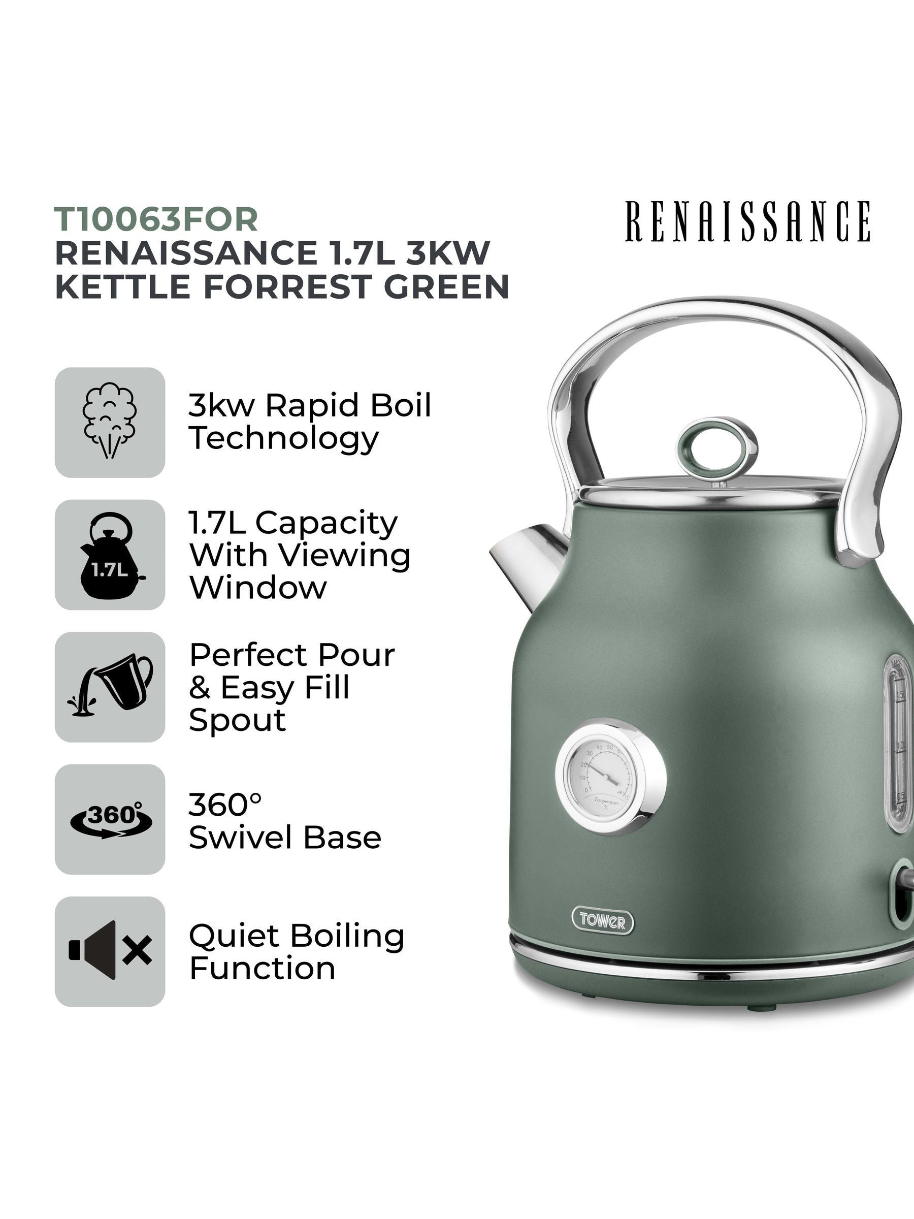 Tower Grey Renaissance 1.7L electric kettle (British brand)