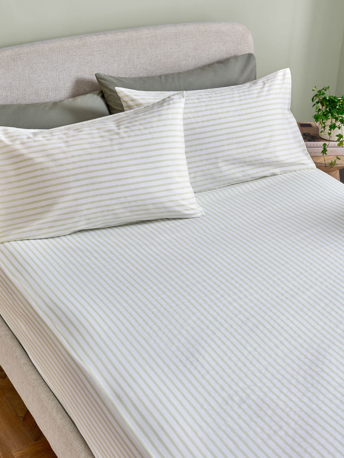 Green/White Slim Stripe Fitted Sheet and Pillowcase Set