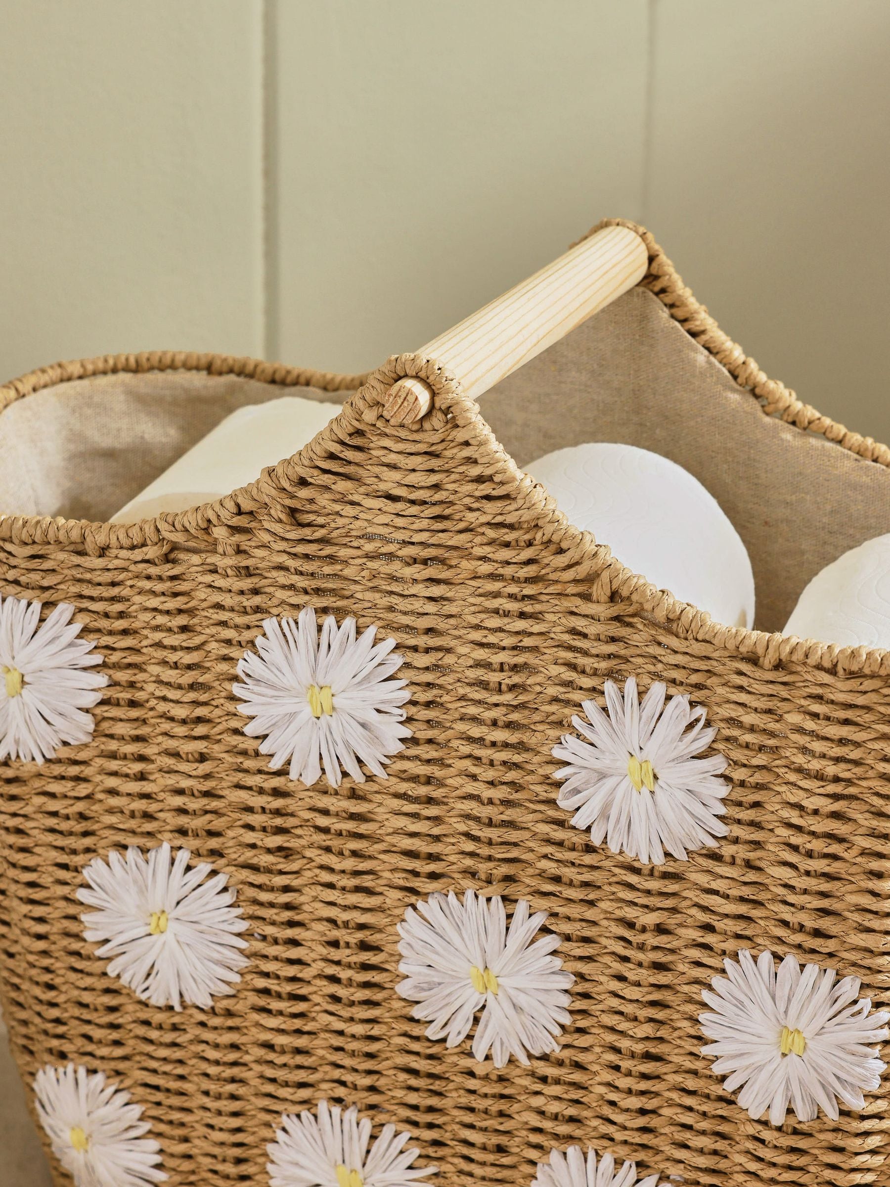Natural Daisy Woven Toilet Roll Holder and Storage Set
