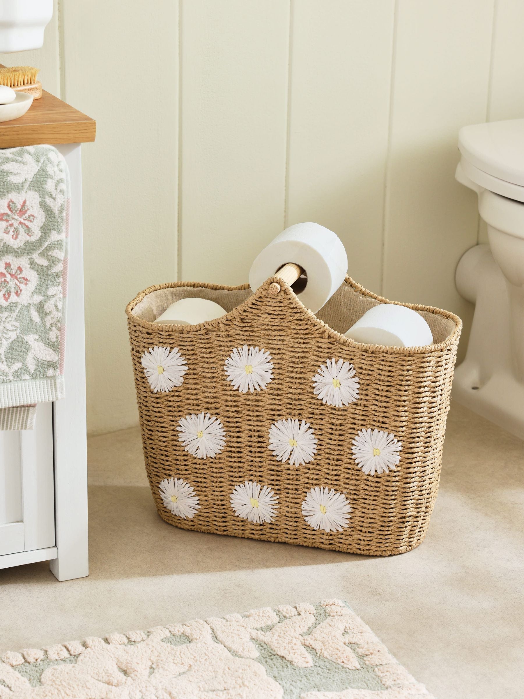 Natural Daisy Woven Toilet Roll Holder and Storage Set