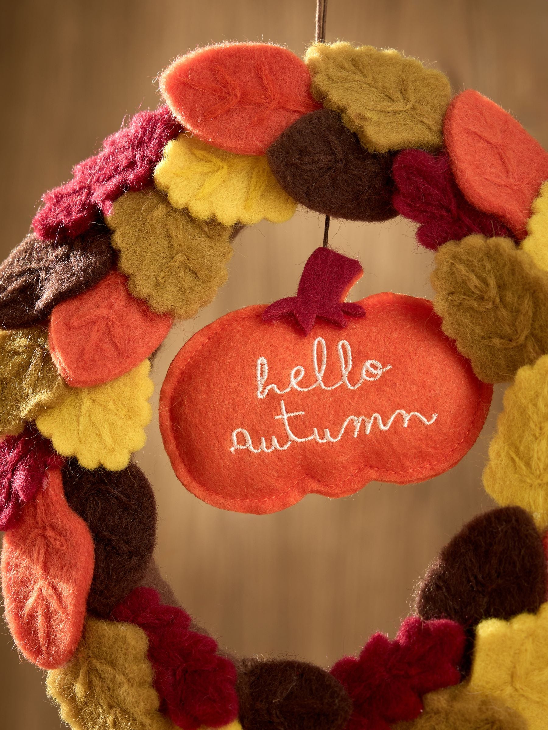 Felt pumpkin hanging decoration with Hello Autumn embroidery, imported from the UK