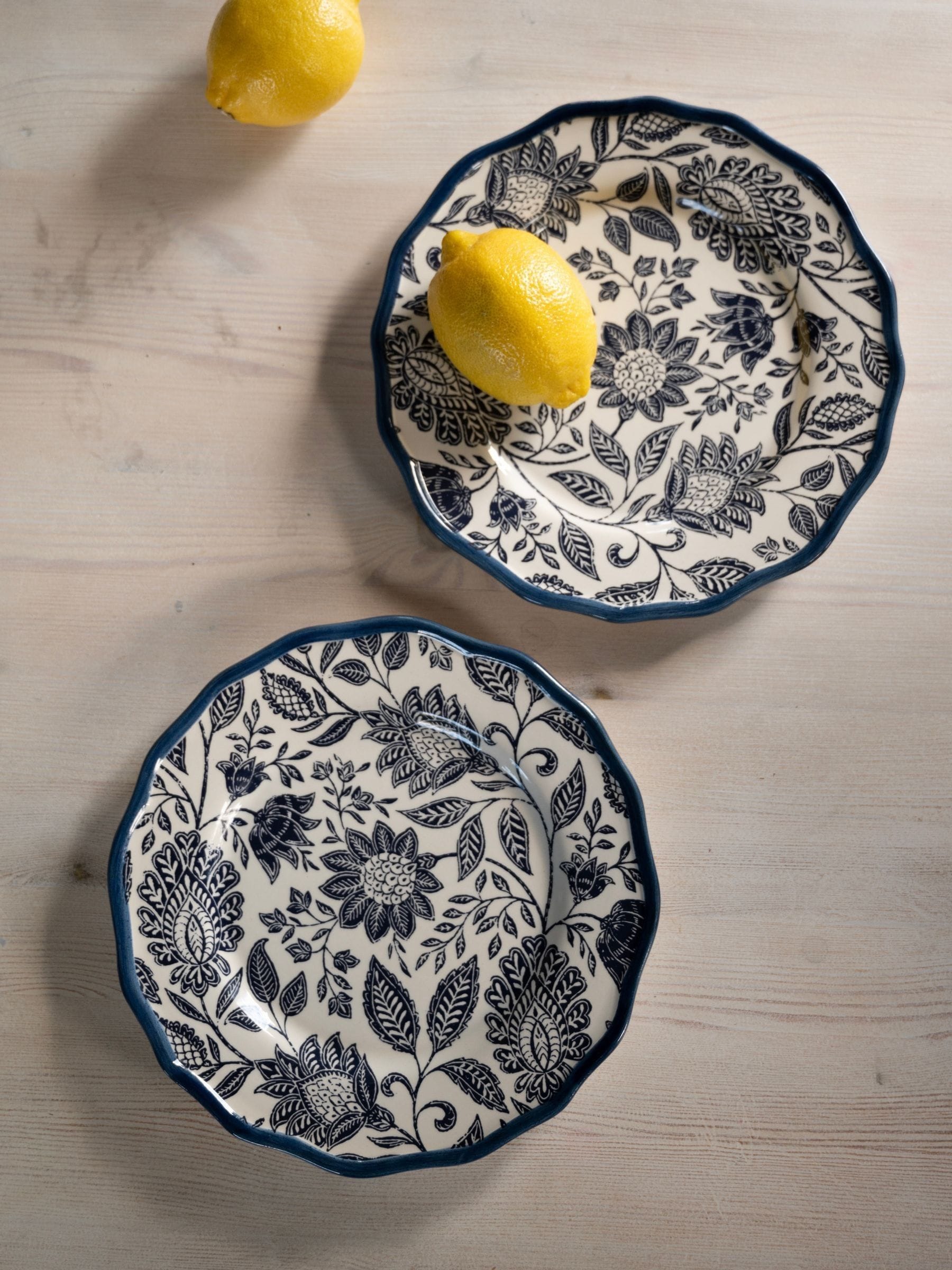 Set of 2 Scalloped Edge Earthenware Side Plates 21cm with Hand-Painted Blue Border