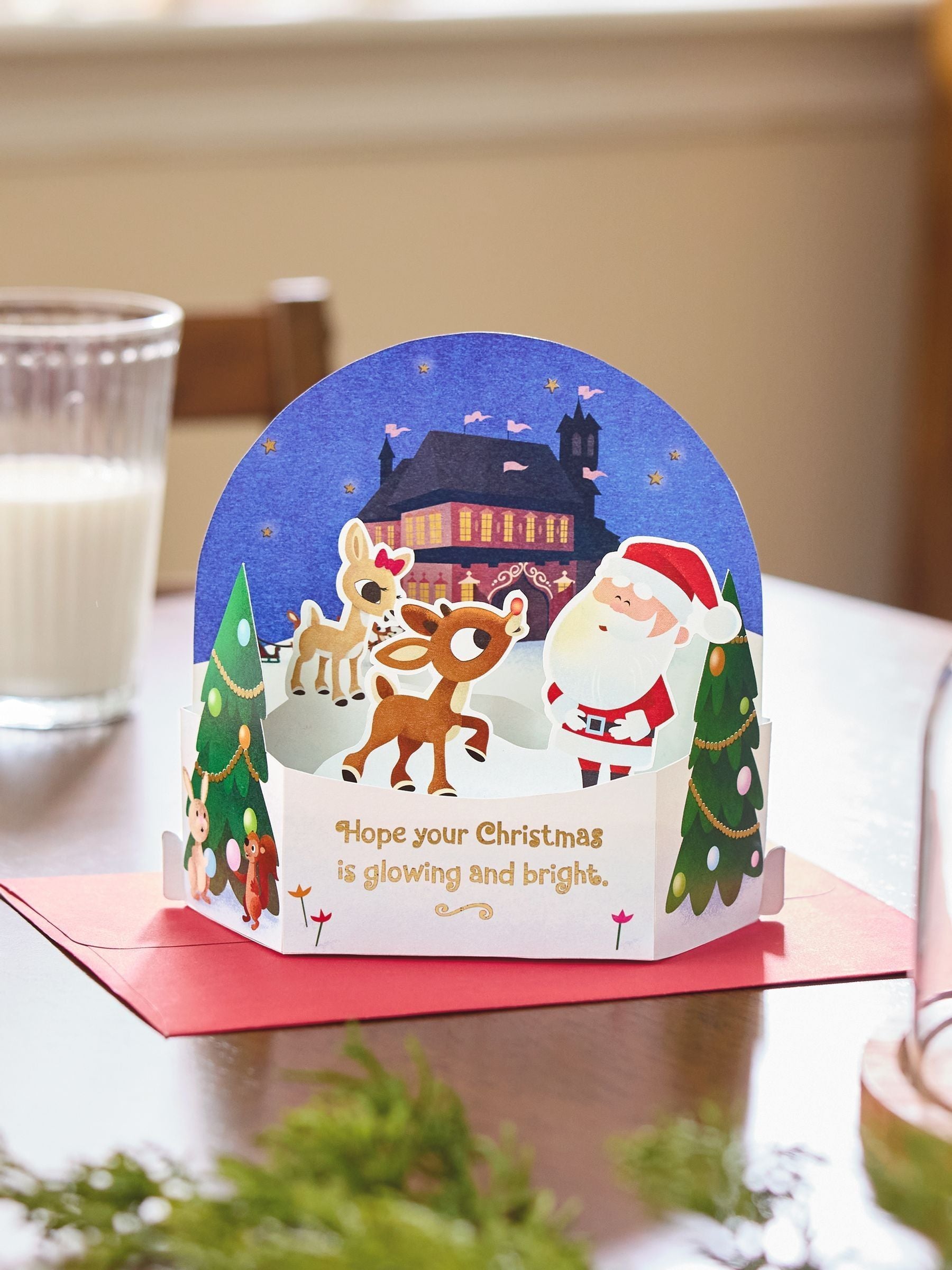 3D Pop-Up Christmas Greeting Card with Santa and Rudolph, Metallic Gold-Foil Details, 16cm x 17.5cm x 11cm Popped Up