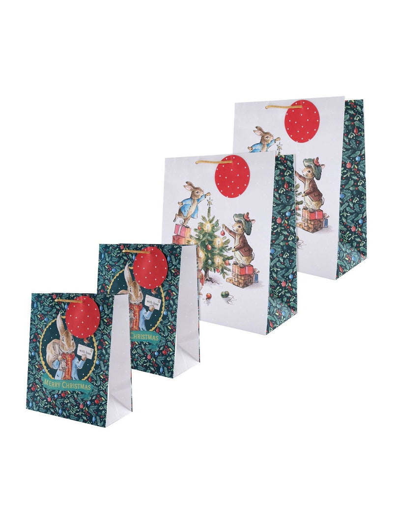 Christmas Gift Bag Pack of 4 in Green with Two Festive Designs, Includes Large and Medium Sizes