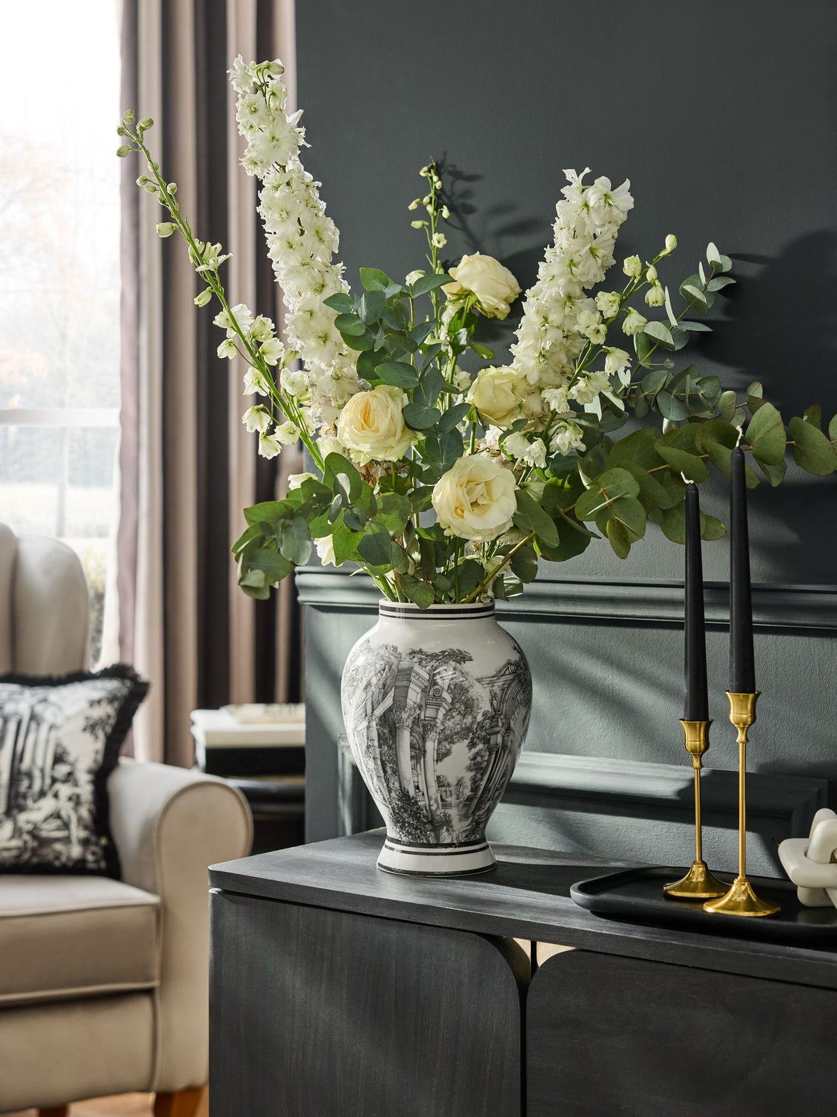 Laurence Llewelyn-Bowen ivory black toile print ceramic vase 30cm height, UK version