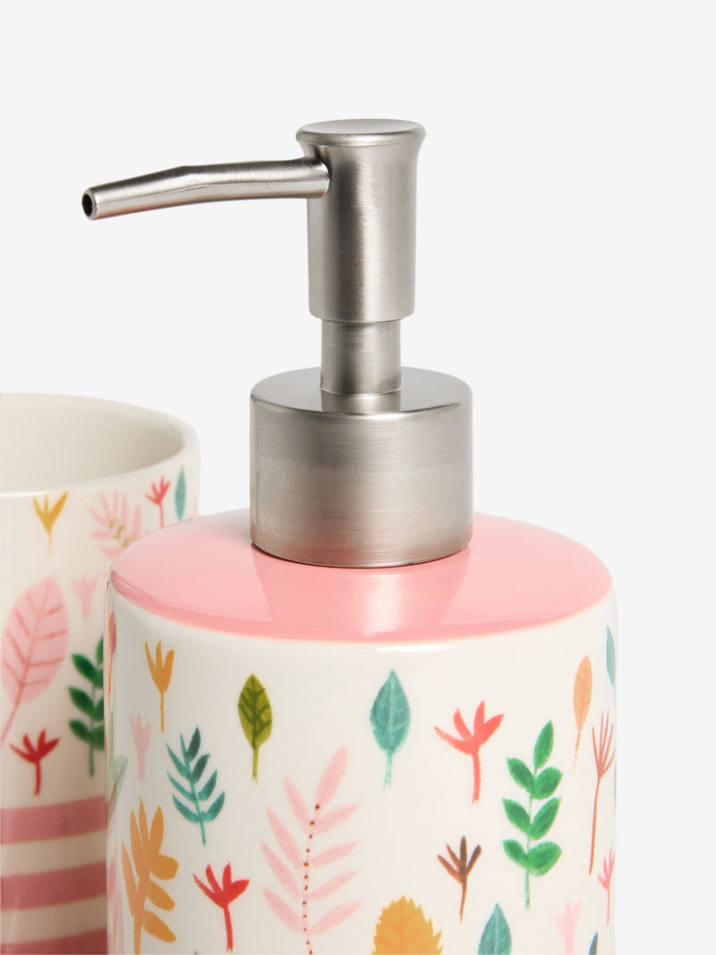 Lucy Tiffney Cream/Pink/Green Leaf soap dispenser and toothbrush tidy set, UK version