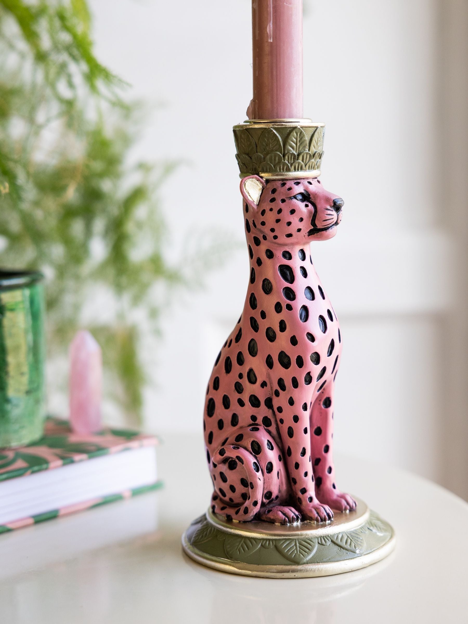 Rockett St George pink/black leopard print taper candle holder 17cm height, imported from the UK