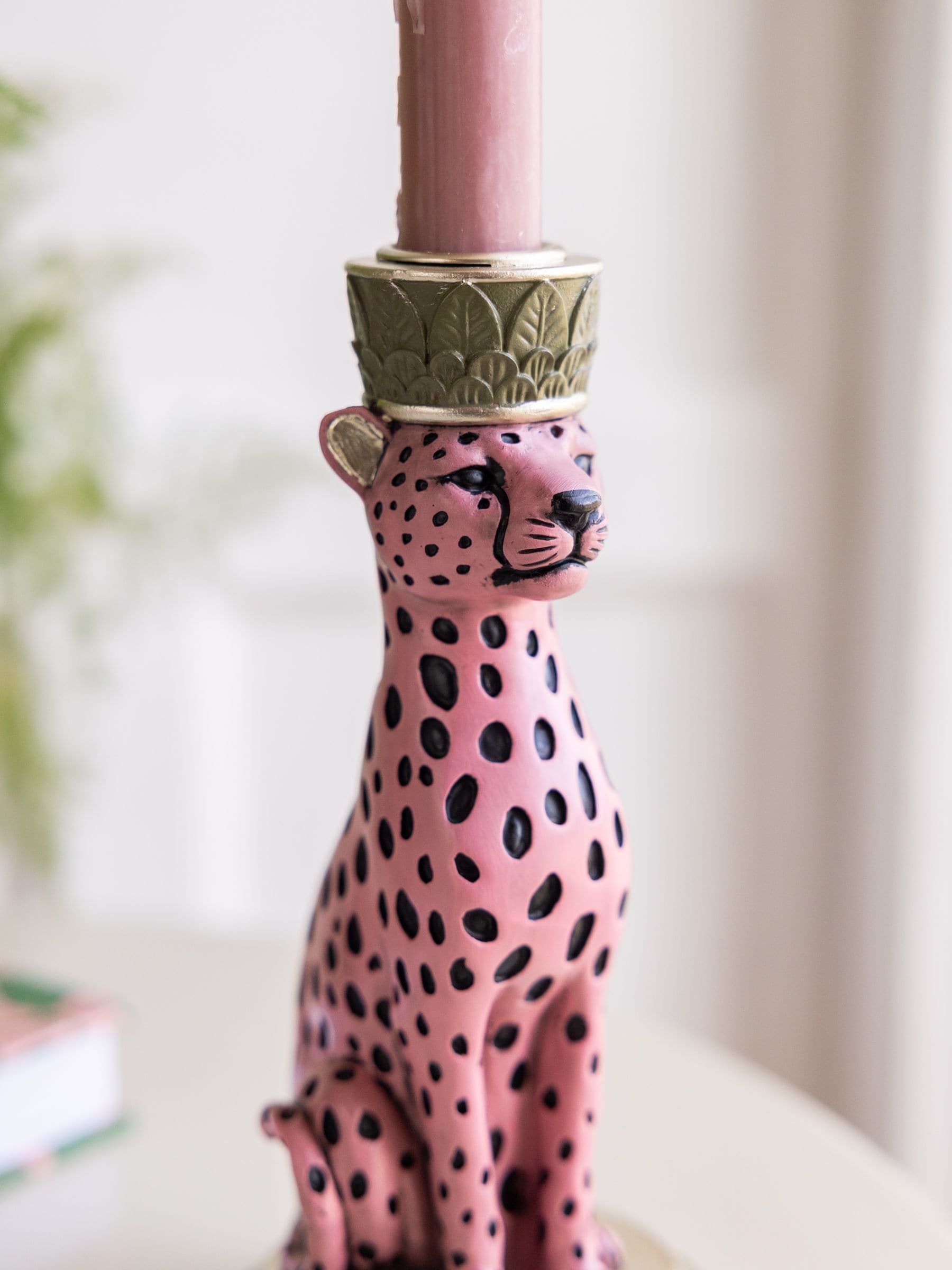 Rockett St George pink/black leopard print taper candle holder 17cm height, imported from the UK
