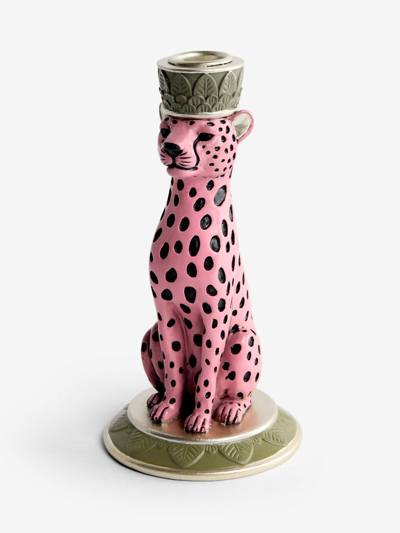Rockett St George pink/black leopard print taper candle holder 17cm height, imported from the UK