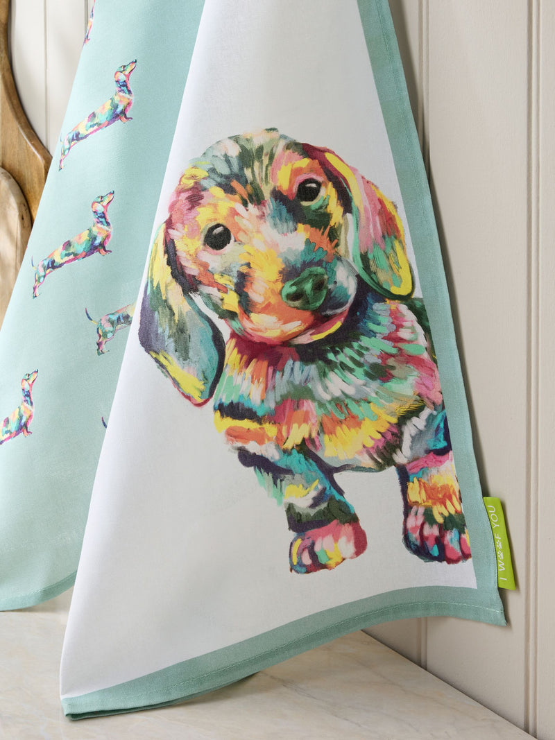 Set of 3 teal blue sausage dog tea towels 50cm x 70cm (British brand)