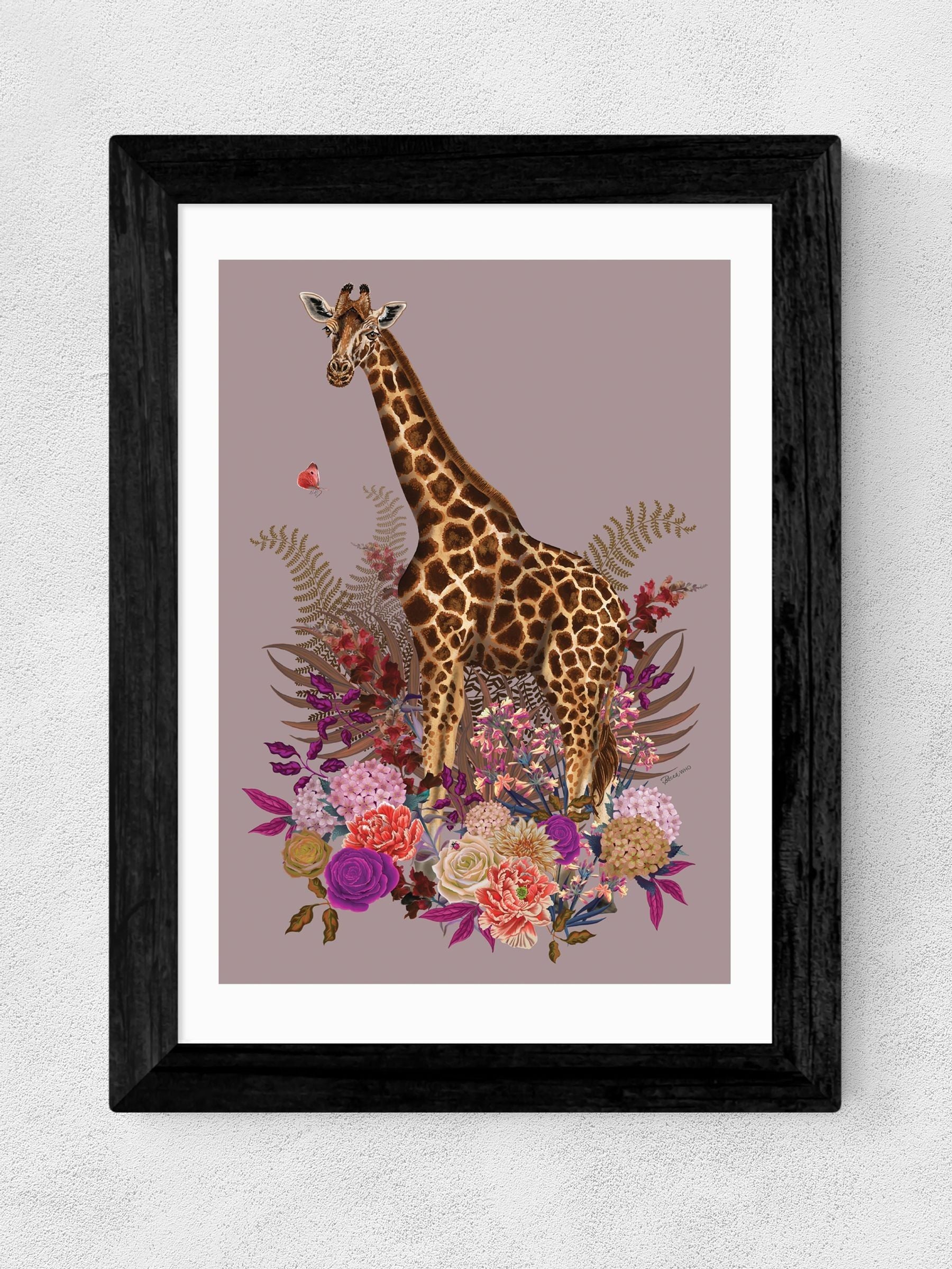 Black Giraffe Floral Pink Art Print