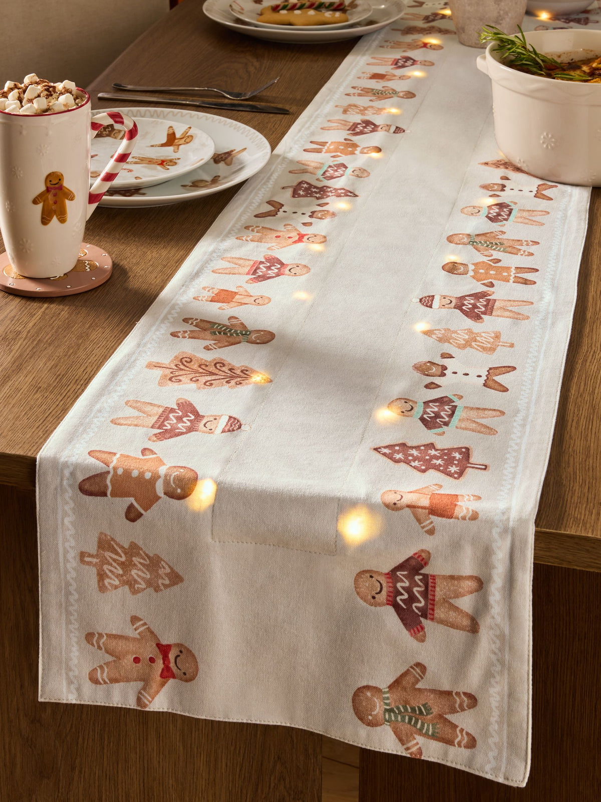 Christmas gingerbread light-up table runner with removable lights - British product