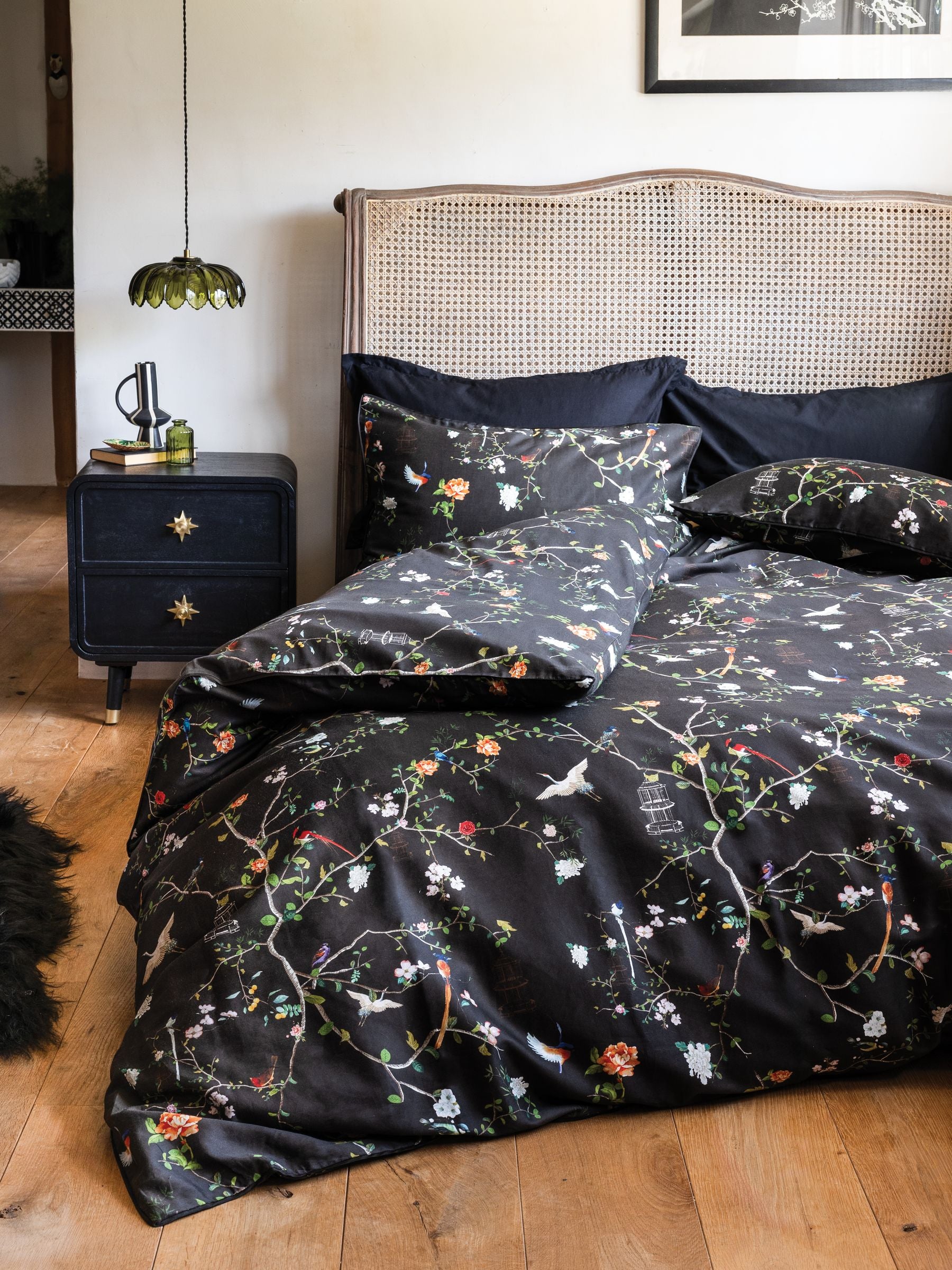 Rockett St George bird chinoiserie floral duvet cover and pillowcase set, imported from the UK