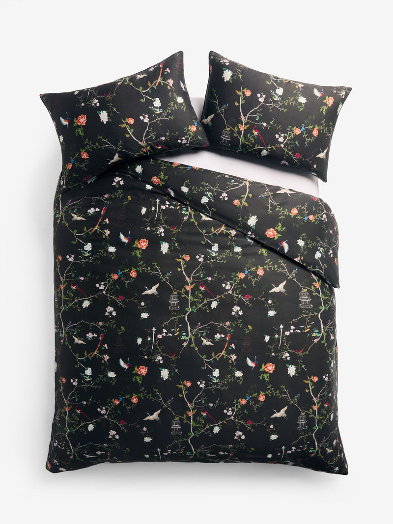 Rockett St George bird chinoiserie floral duvet cover and pillowcase set, imported from the UK