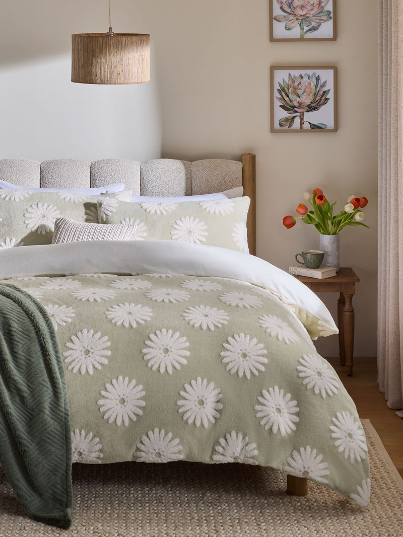 Green Fleece Daisy Floral Jacquard Duvet Cover Set, UK version