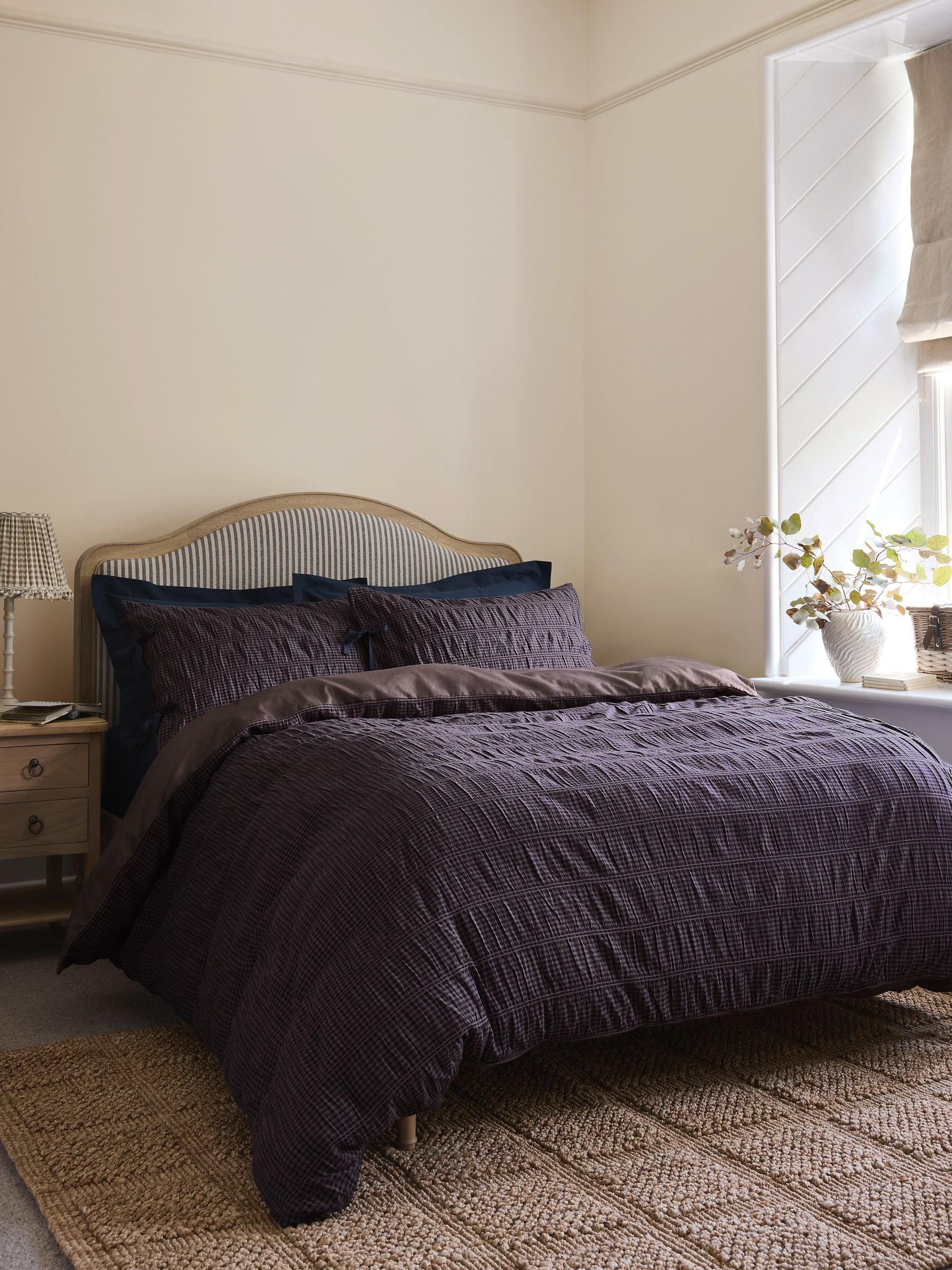 Blue gingham ruched duvet cover and pillowcase set - British product