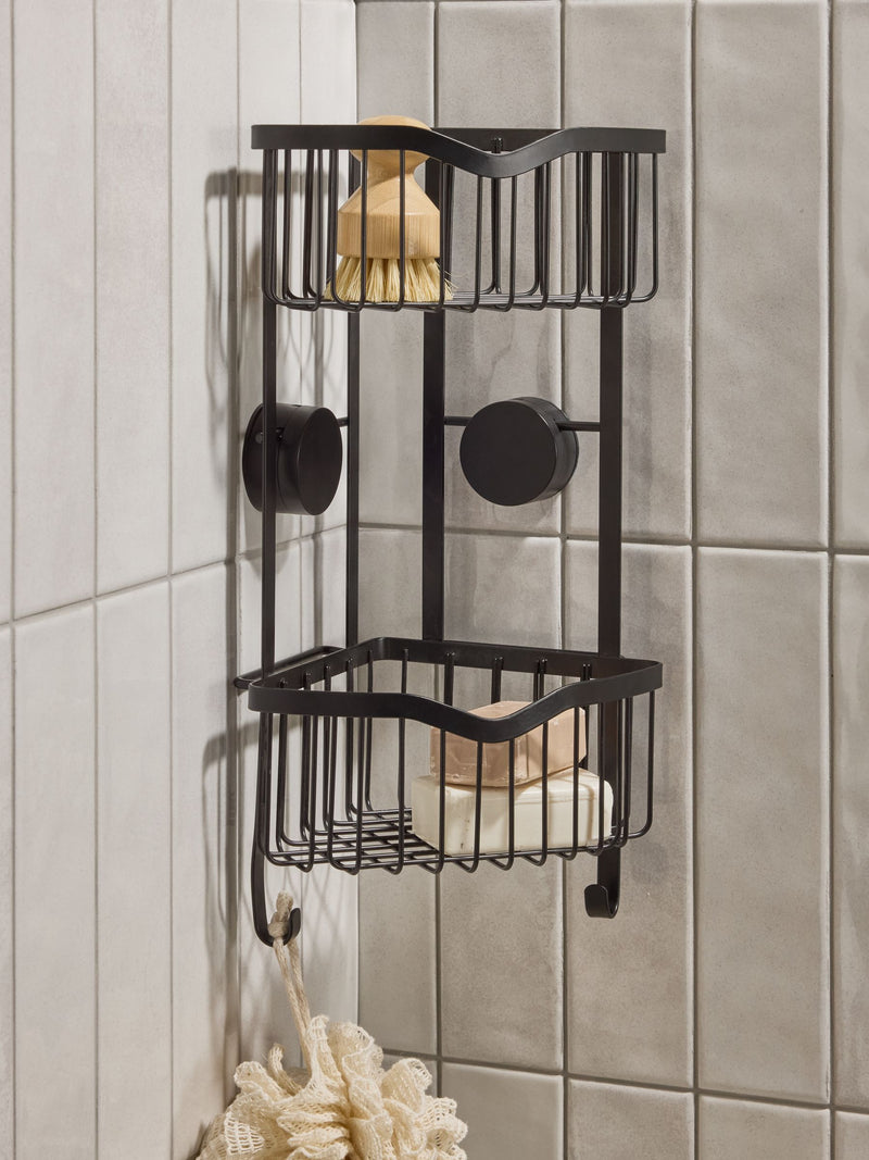 Black corner shower caddy with suction attachments 40cm height - British product